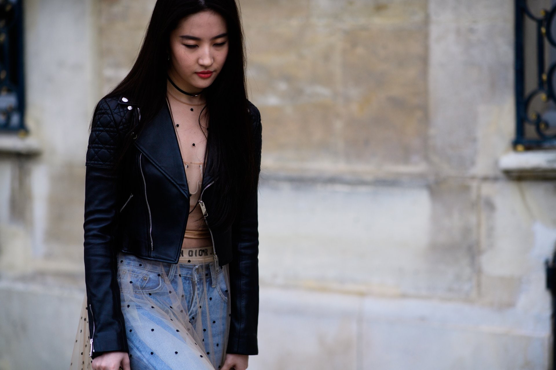 Leather Jacket, Long Hair, Woman, Lipstick, Black Hair, Liu Yifei, Asian, Actresses, Model, 1080P, HD Wallpaper