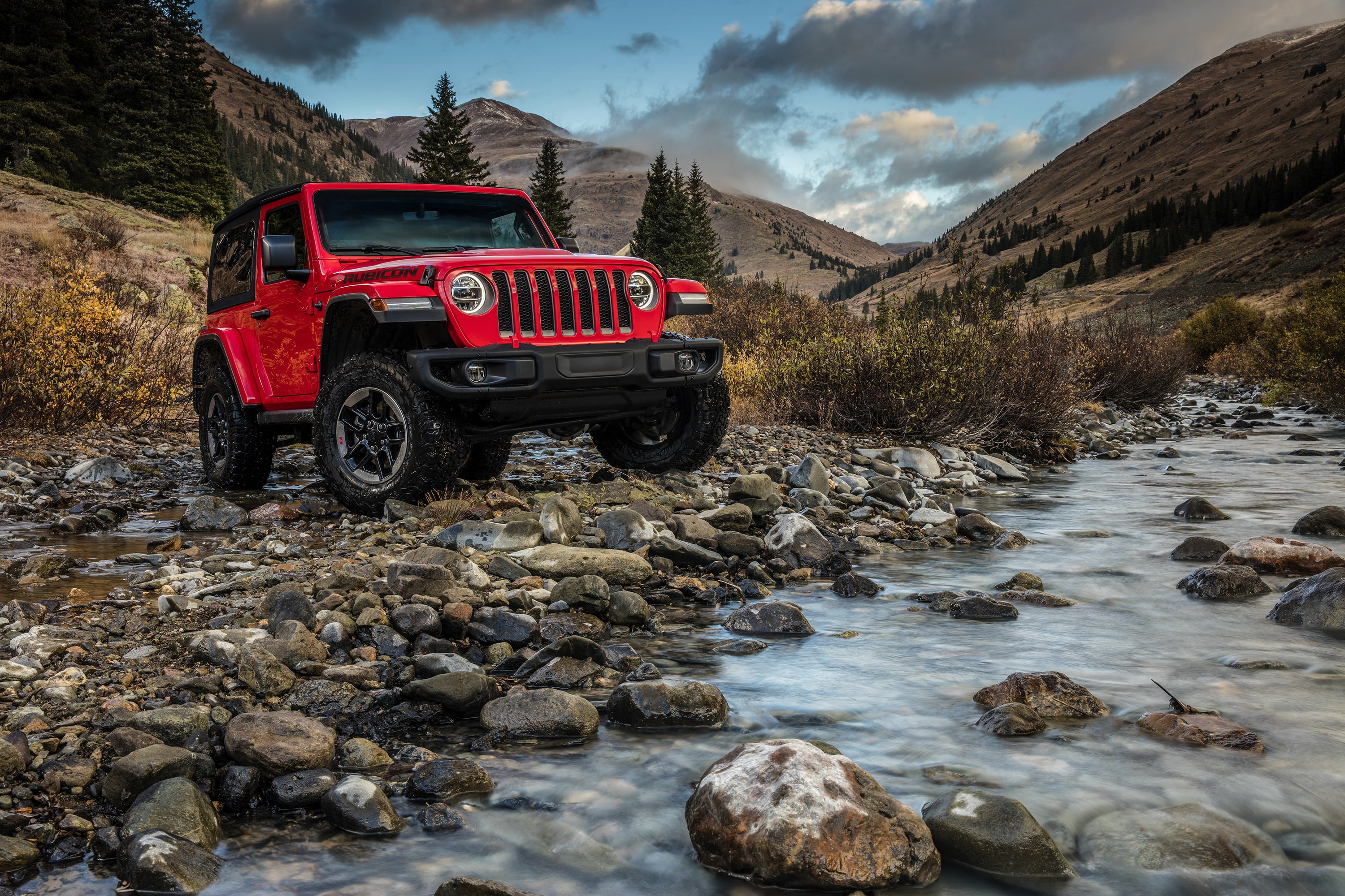 2K, mountains, Jeep, red, 2018, water, stones, Wrangler Rubicon, HD Wallpaper