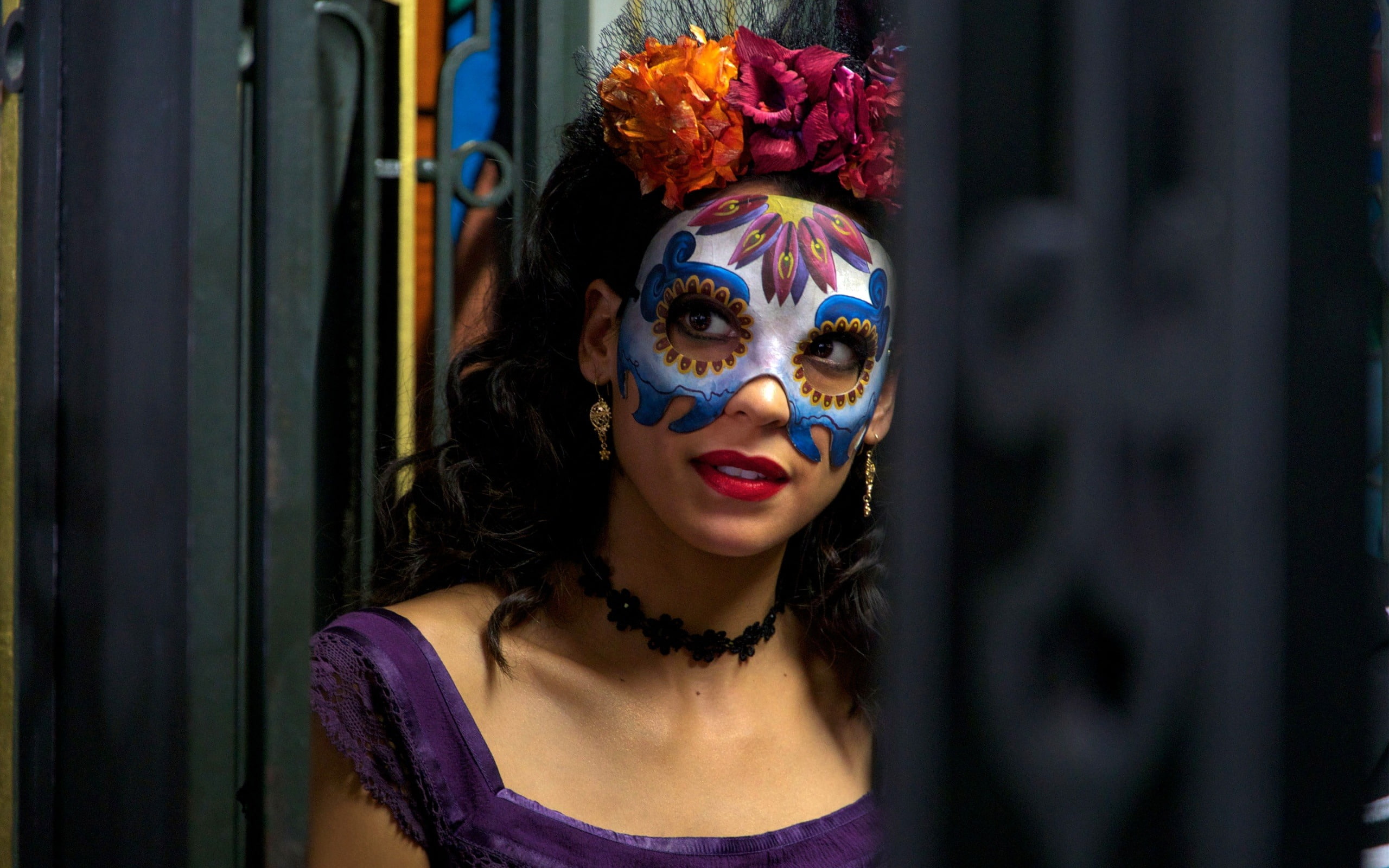 one person, indoors, young adult, disguise, portrait, headshot, obscured face, purple, women, paint, make-up, spectre, young women, carnival - celebration event, HD Wallpaper
