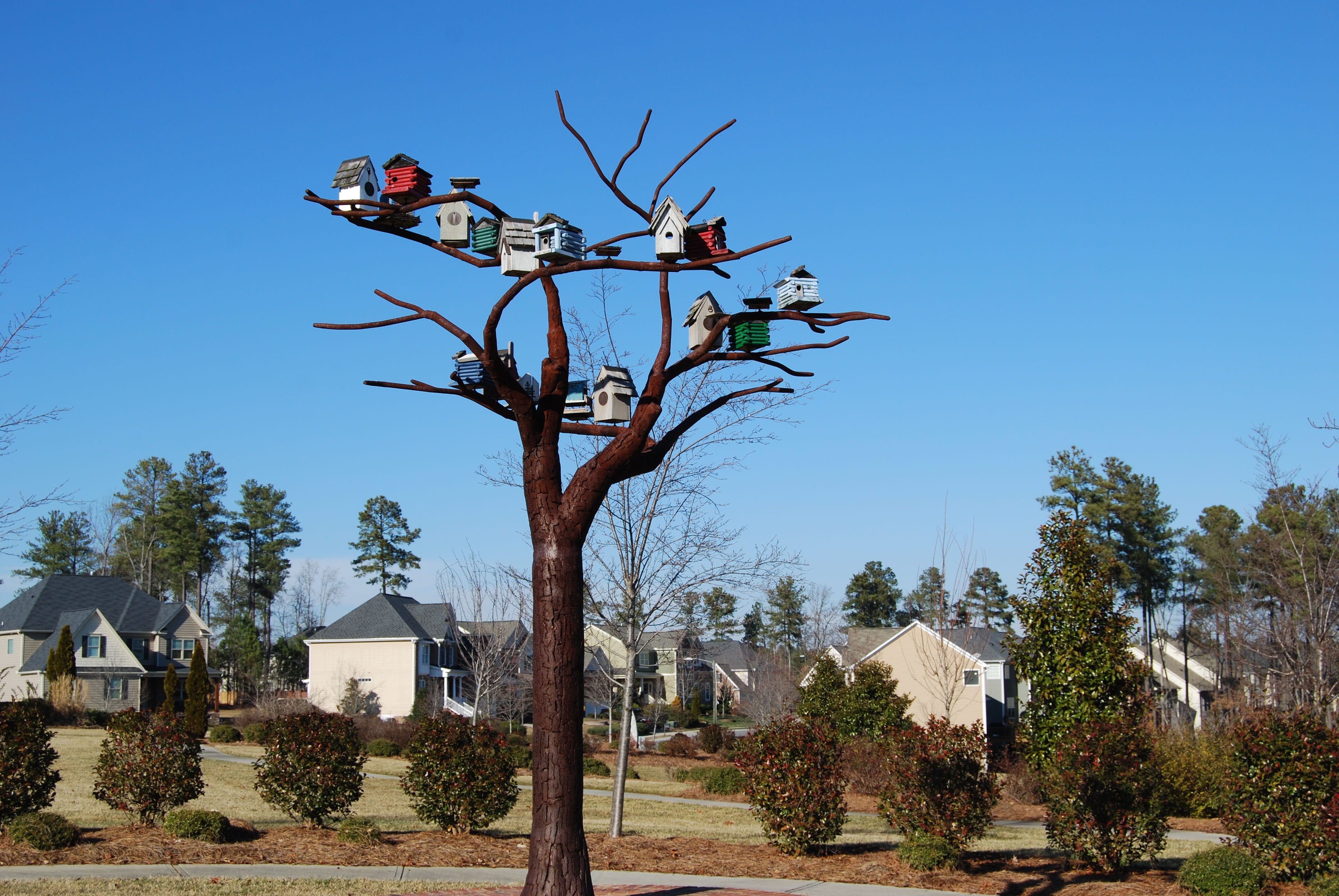 Birdhouses, no people, sky, bare tree, Bird, building exterior, nature, outdoors, plant, Houses, blue, branch, day, architecture, low angle view, sunlight, HD Wallpaper