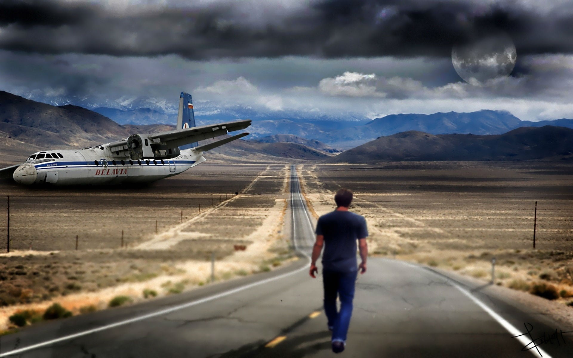 crash, s, 1080P, transportation, full length, aerospace industry, outdoors, cloud - sky, nature, blue, airplane, rear view, apocalyptic, men, pants, air vehicle, HD Wallpaper