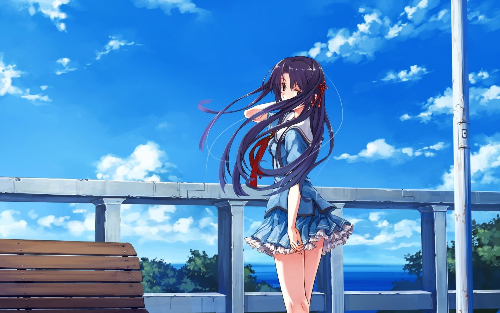 young women, summer, hairstyle, girl, water, sky, shorts, one Person, anime, nature, leisure activity, sunlight, cloud - sky, human arm, real people, street, HD Wallpaper