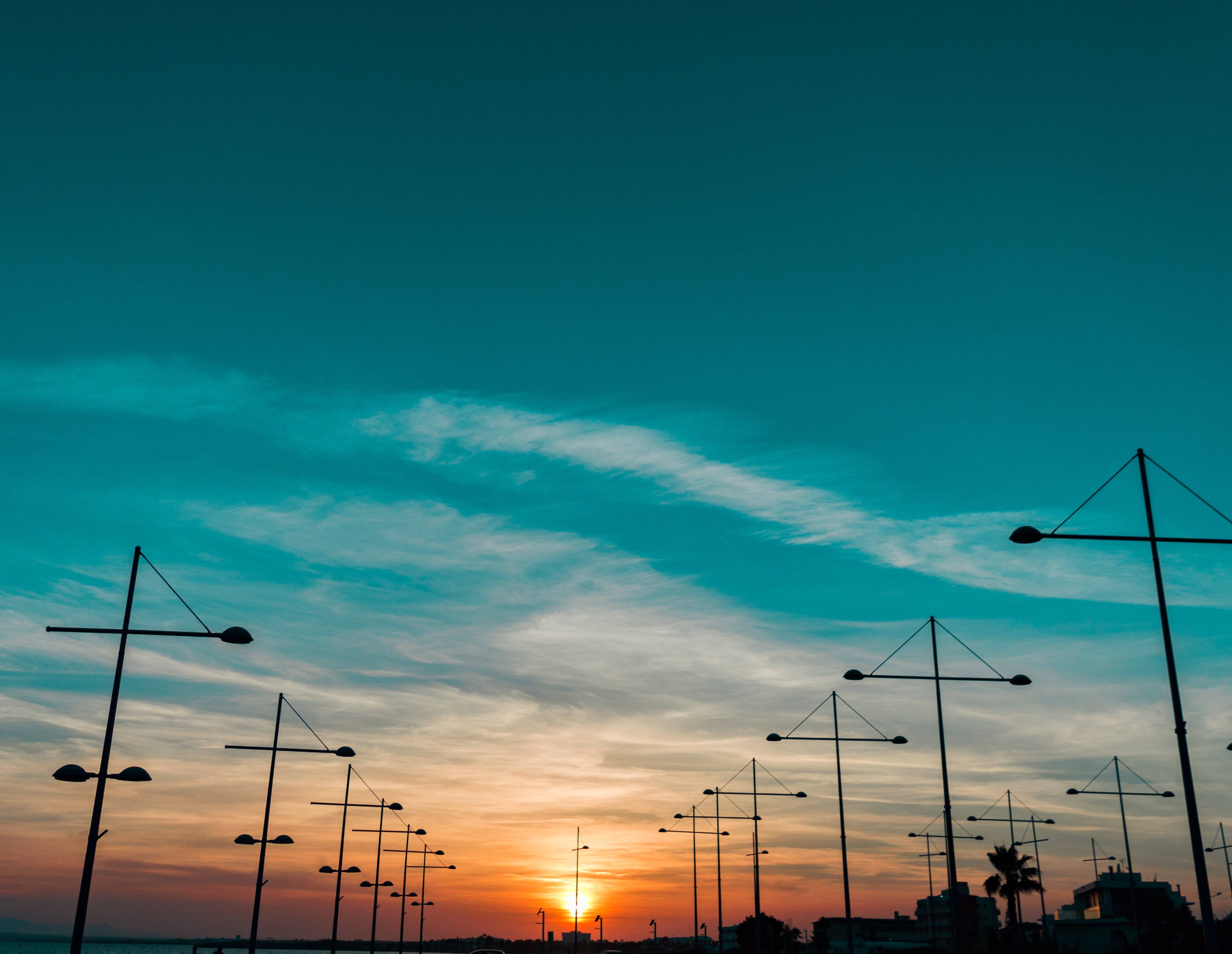 street light, horizon, 4K, communication, built structure, generator, dusk, fuel and Power Generation, nature, industry, low angle view, posts, transportation, HD Wallpaper