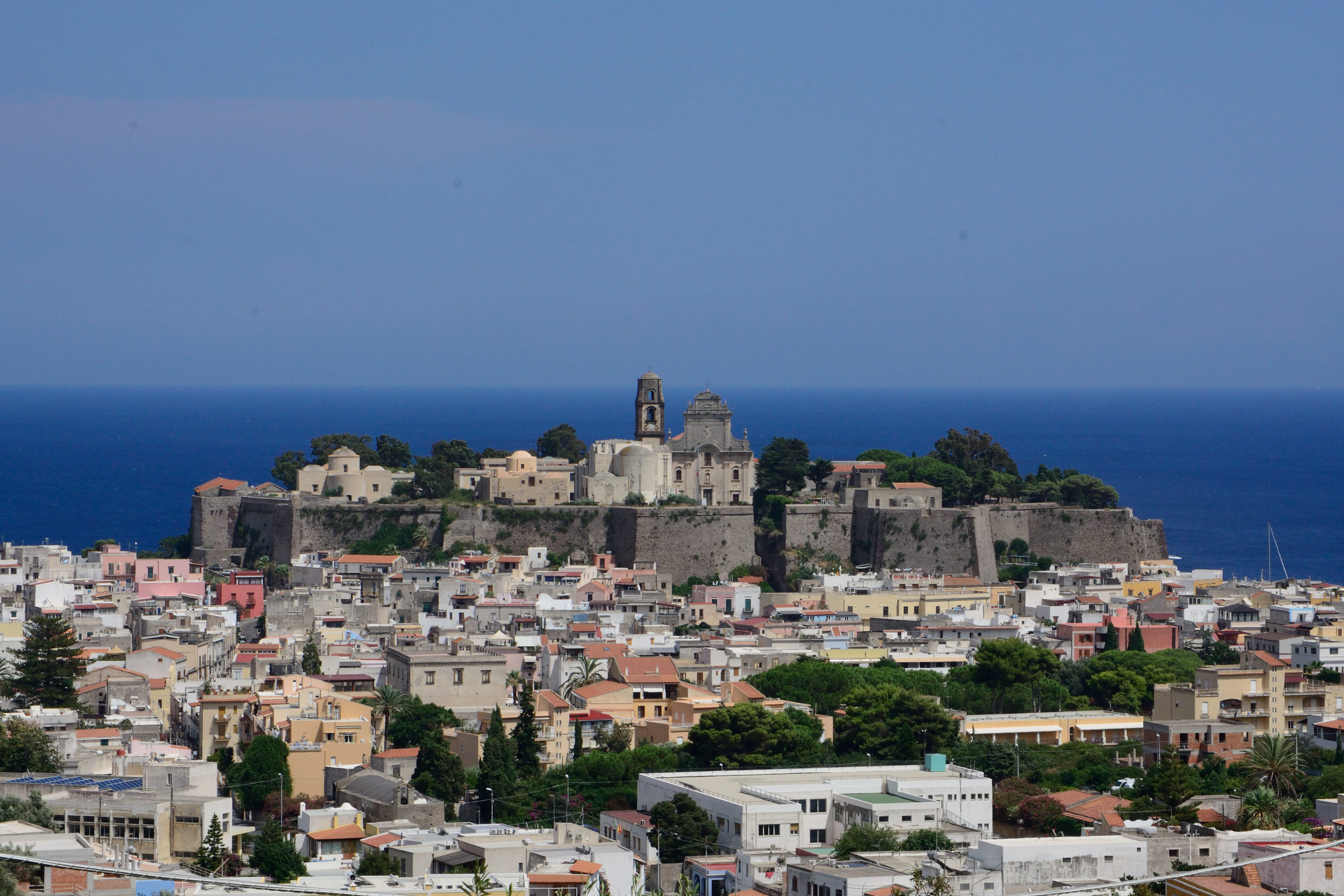 italy, billage, castle, community, history, city, horizon over water, nature, outdoors, tower, cityscape, clear sky, blue, fortress, wall, 5K, building exterior, HD Wallpaper