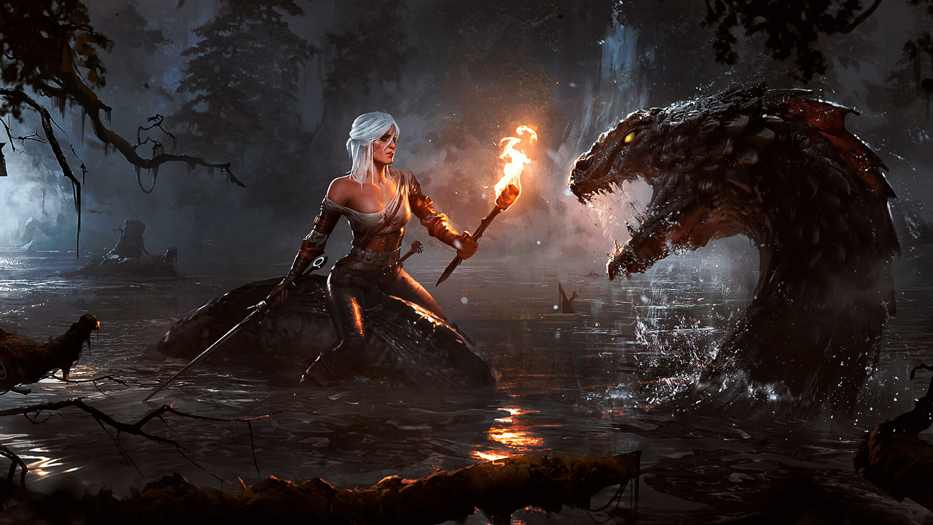 river, arts culture and entertainment, women, digital composite, clothing, young women, The Witcher, 1080P, fire, Ciri, holding, full length, young adult, HD Wallpaper