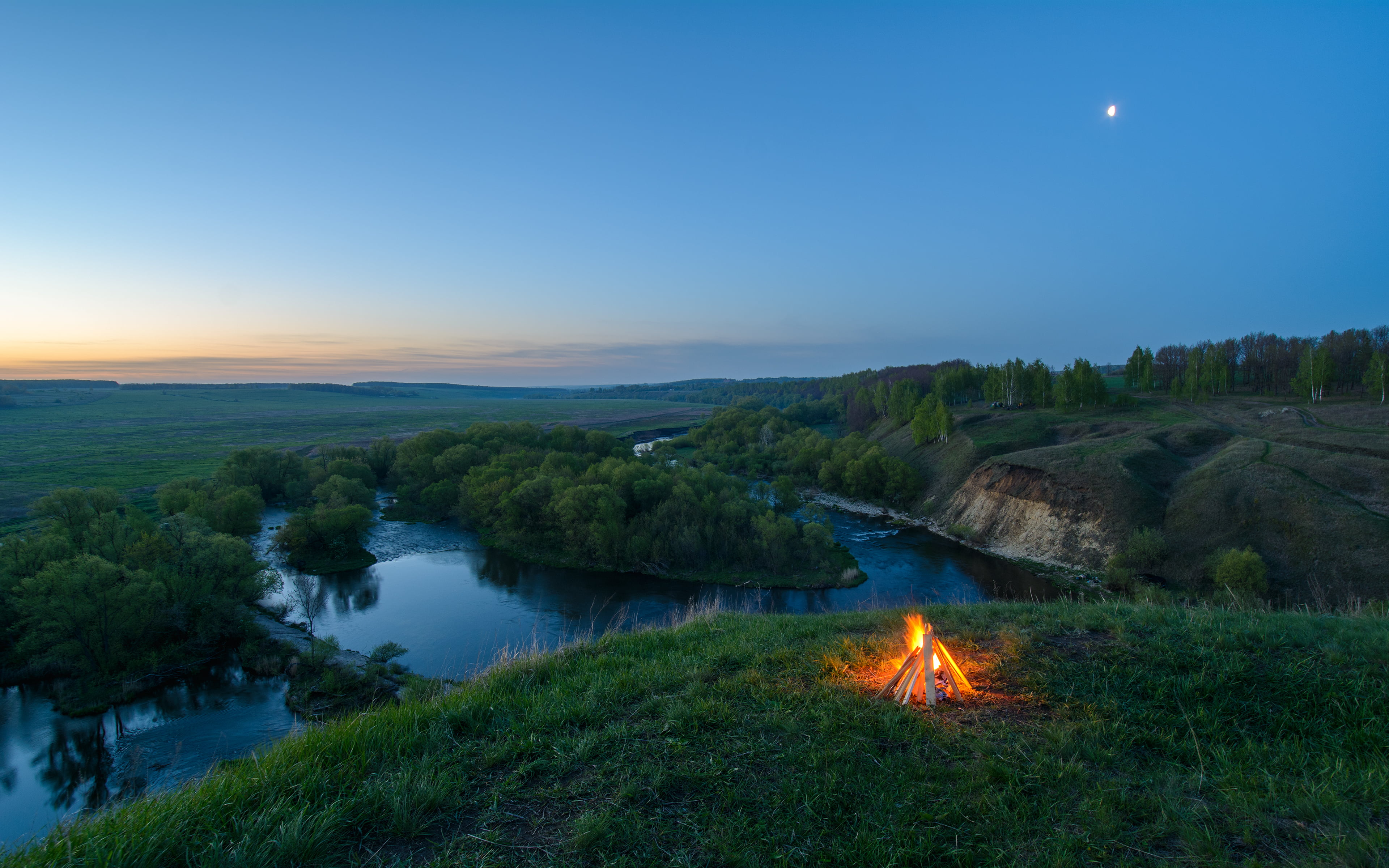 sunlight, rural Scene, plant, beauty In Nature, river, woodland, dusk, blue, scenics, the fire, full moon, nature, water, mountain, no People, outdoors, HD Wallpaper