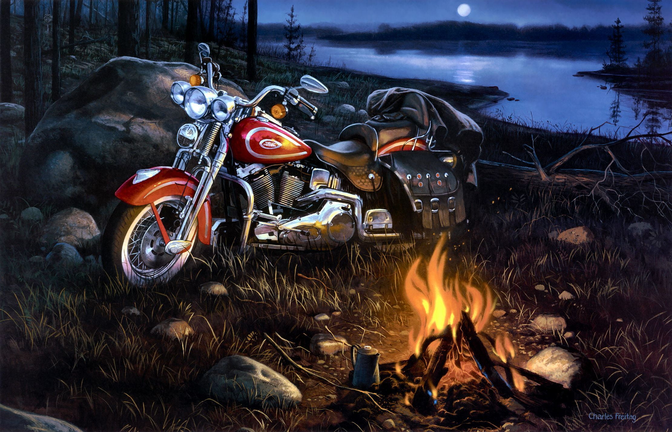land vehicle, night, bonfire, bicycle, fire, 1080P, burning, motorcycle, land, the fire, no people, stationary, cruiser, lake, fire - natural phenomenon, HD Wallpaper
