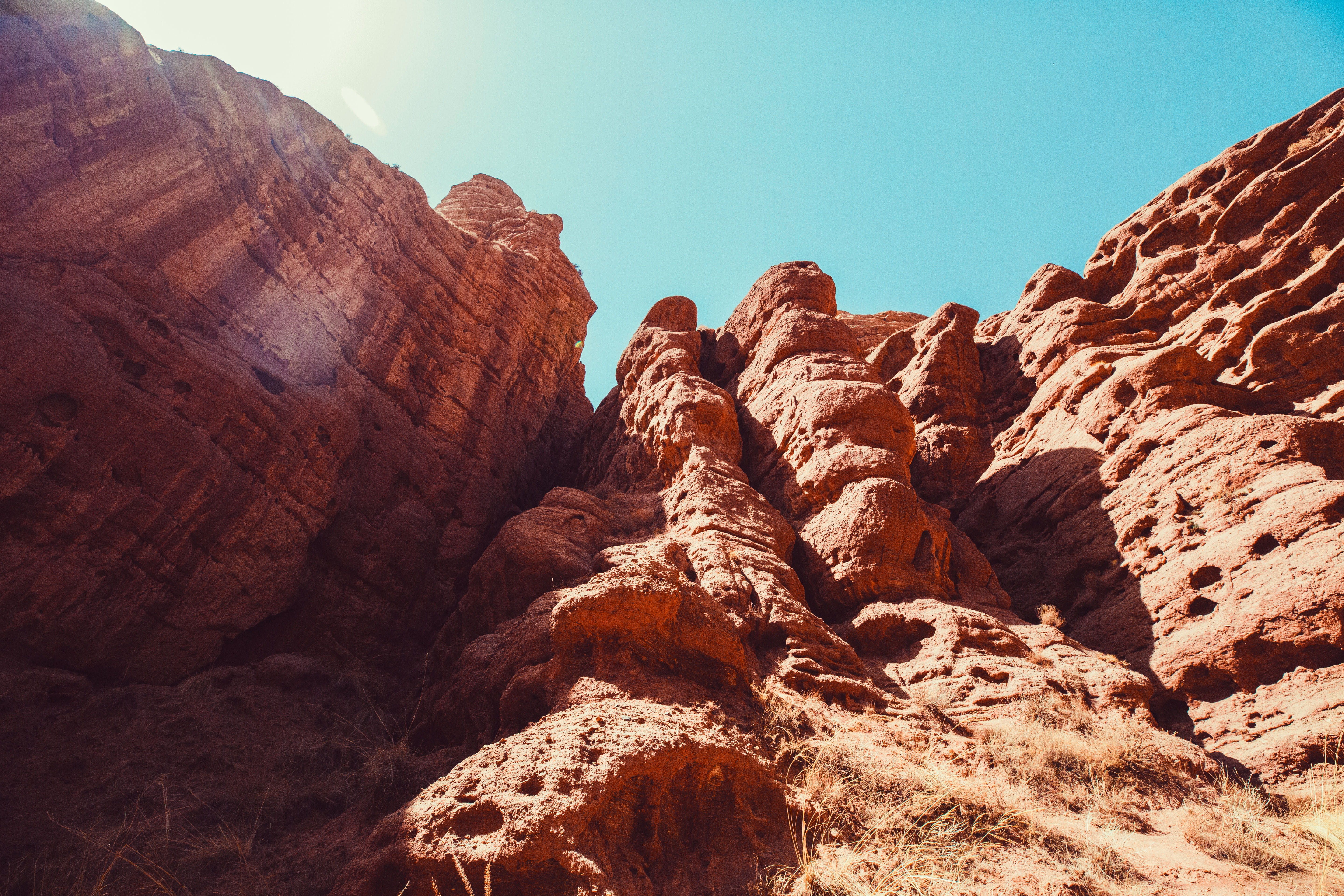 remote, zhangye, travel destinations, solid, sky, sunlight, rock - object, zhangye danxia national geopark parking lot, no people, travel, beauty in nature, HD Wallpaper