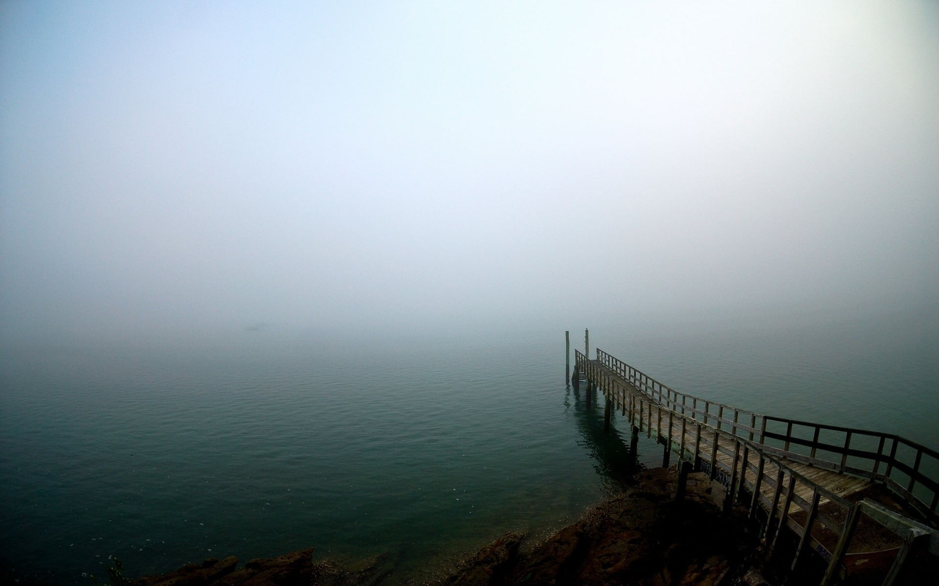 sea, outdoors, beauty in nature, 1080P, land, fog, hd, uncertainty, day, travel destinations, lake, bridge, scenery, scenics - nature, tranquility, railing, HD Wallpaper