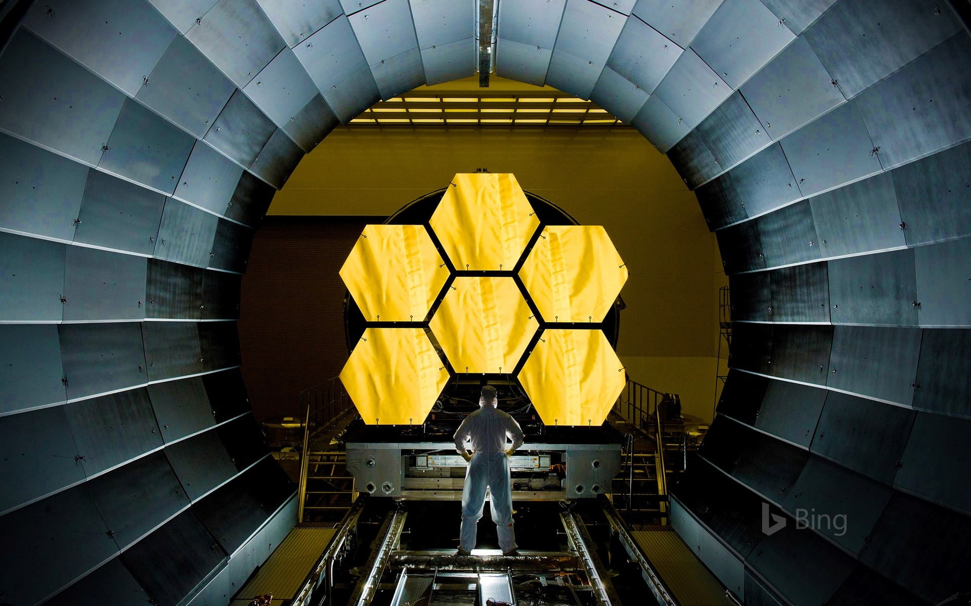 indoors, telescope, directly below, repetition, pattern, testing, 1080P, james, architecture, yellow, built structure, architecture and art, space, shape, HD Wallpaper