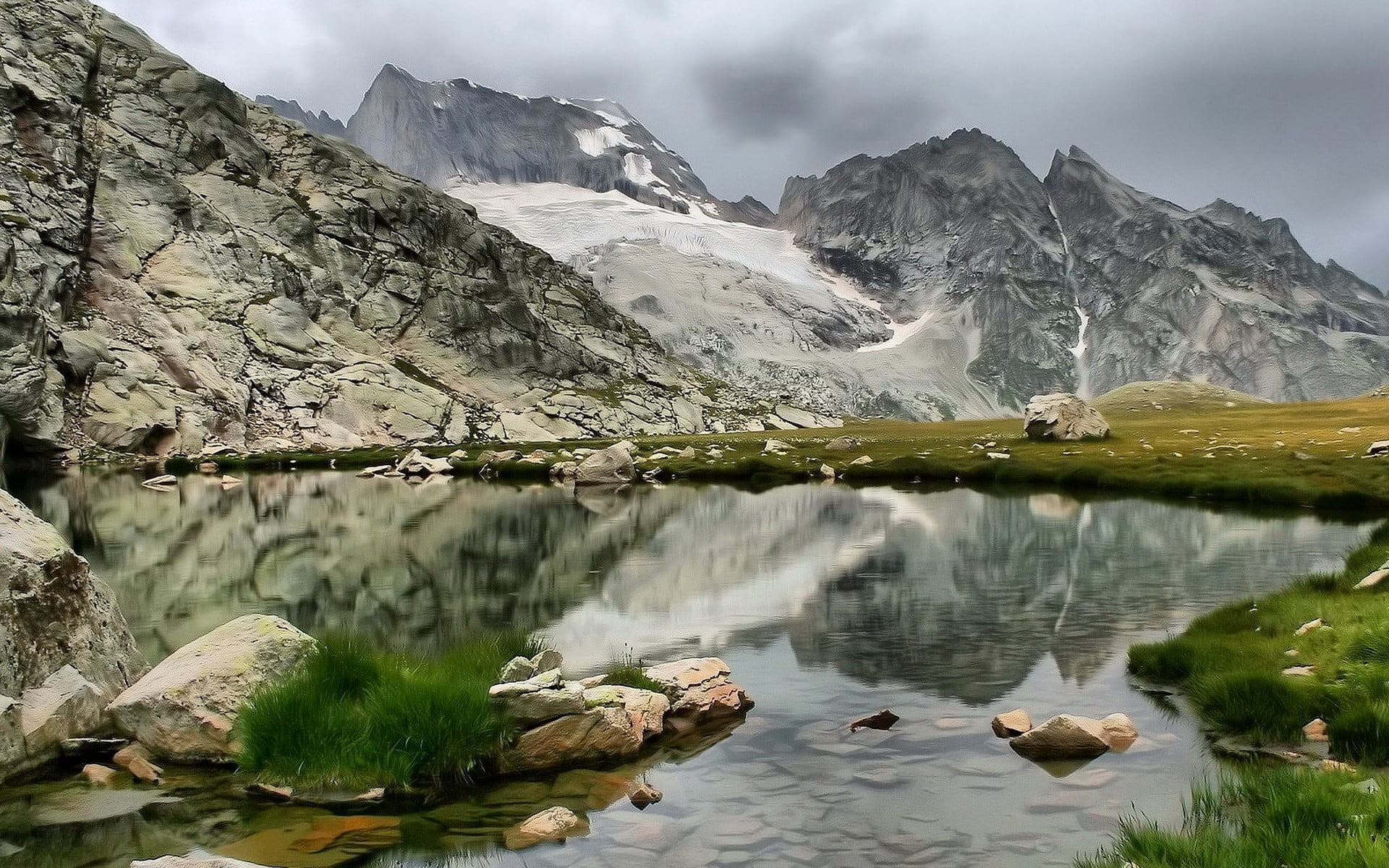 mountain range, outdoors, non-urban scene, tranquil scene, lake, reflection, snowcapped mountain, near, water, solid, tranquility, mountain, gray, 1080P, HD Wallpaper
