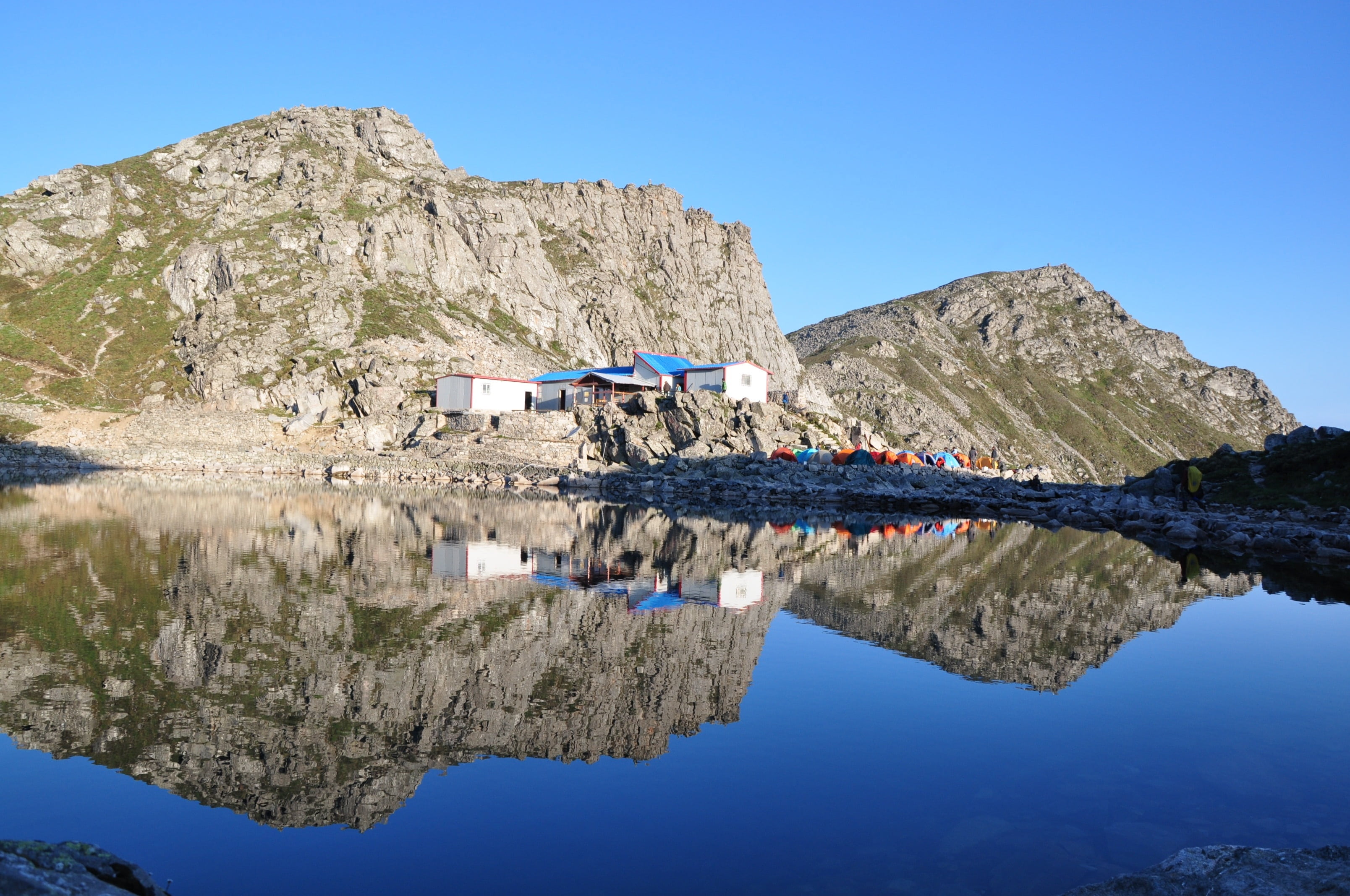 outdoor, lake, tranquility, clear sky, day, mountain, nature, solid, reflection, no people, taebaek mountain tianchi, 2K, rock - object, sky, blue, waterfront, HD Wallpaper