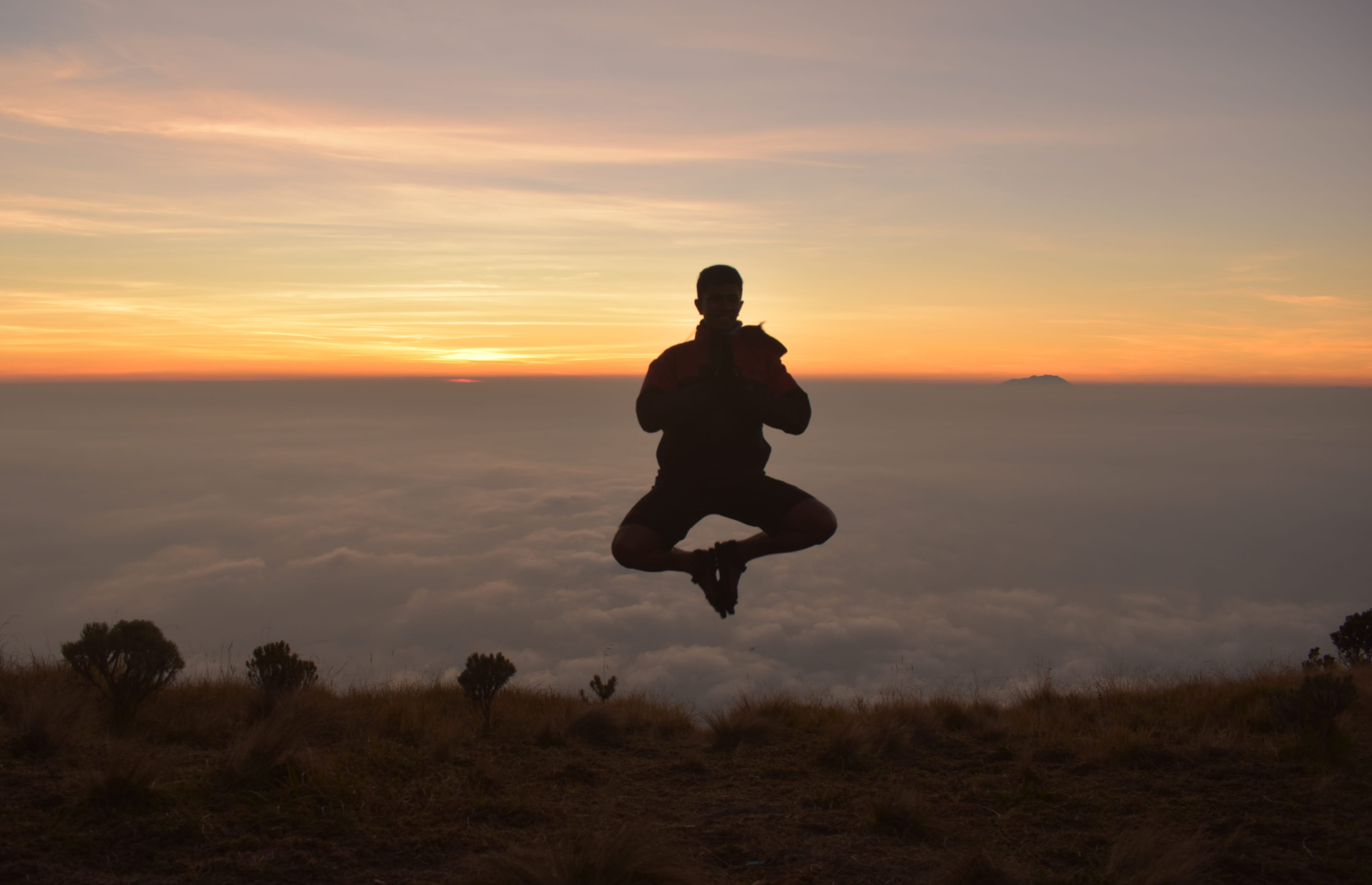 full length, tranquil scene, jumping, boyolali, lifestyles, dawn, person, pray, leisure activity, sunset, men, golden, beauty in nature, landscape, red sky, HD Wallpaper