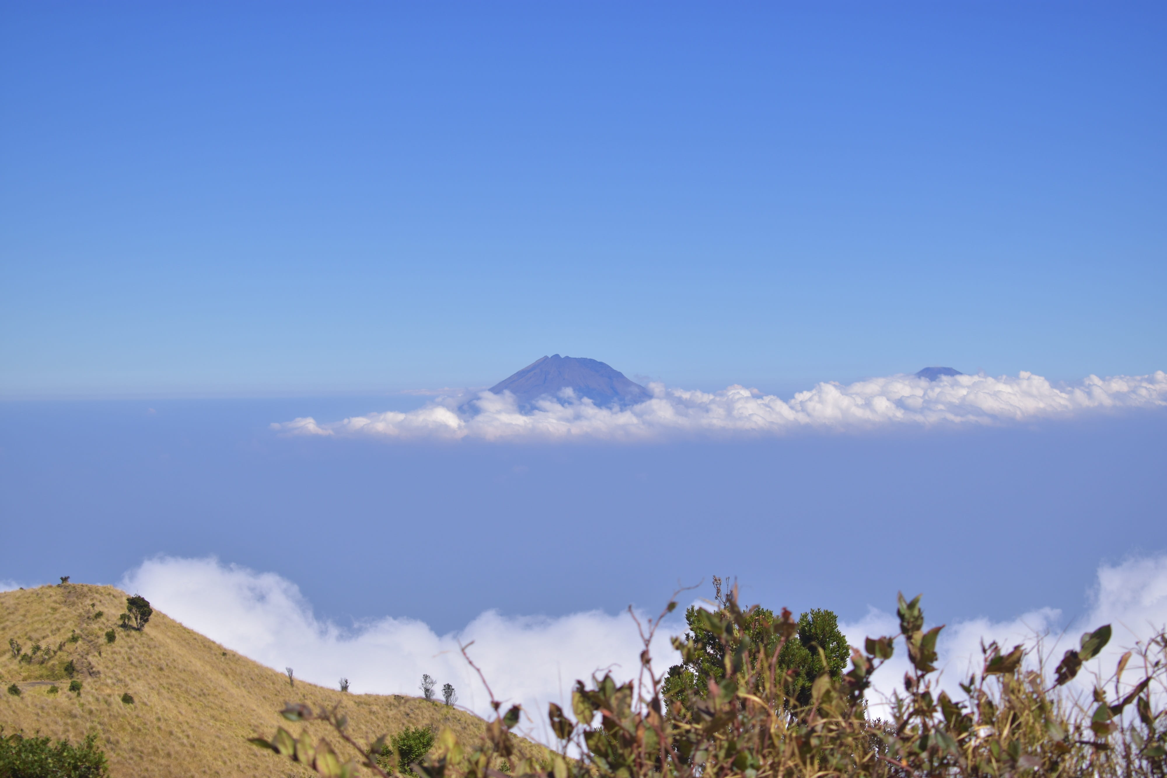 adventure, mountain, blue, copy space, top, sea, land, salt flat, 4K, merbabu, beauty in nature, scenics - nature, day, no people, indonesia, water, plant, HD Wallpaper