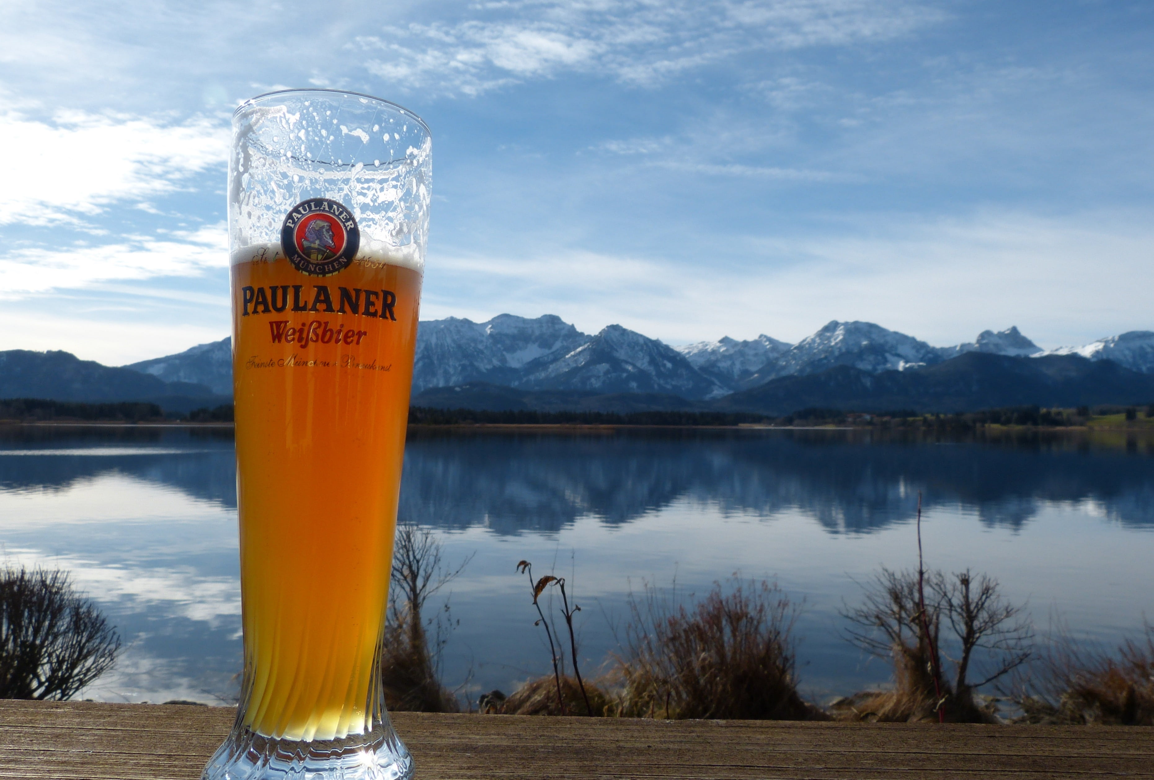 sky, day, reflection, tranquil scene, scenics - nature, mountain, drink, allgäu, alcohol, mountains, sign, no people, cloud - sky, 2K, bavaria, beer heaven, HD Wallpaper