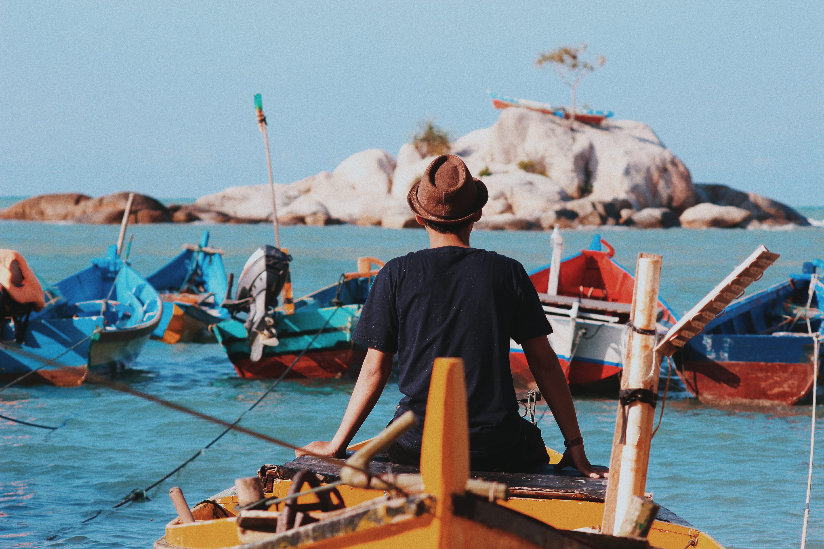 land, mode of transportation, leisure activity, clear sky, lonely, water, indonesia, nautical vessel, 2K, nature, sky, transportation, one person, real people, HD Wallpaper