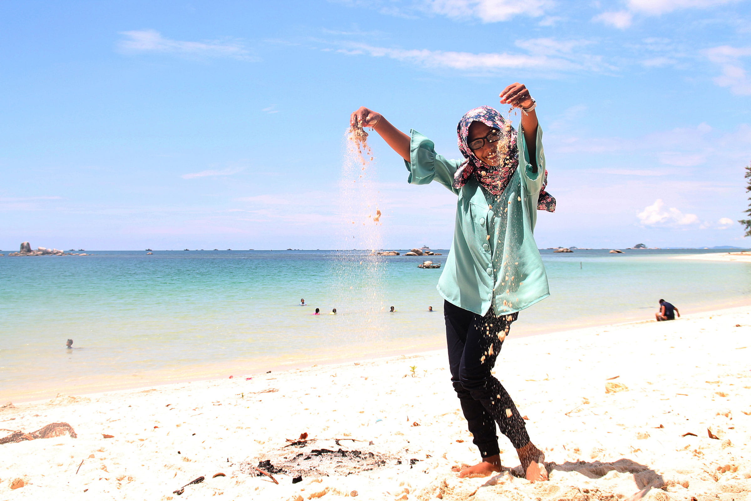 lifestyles, standing, human arm, trikora, sunlight, beauty in nature, sky, real people, 1080P, sea, full length, beach, day, front view, pantai, nature, HD Wallpaper