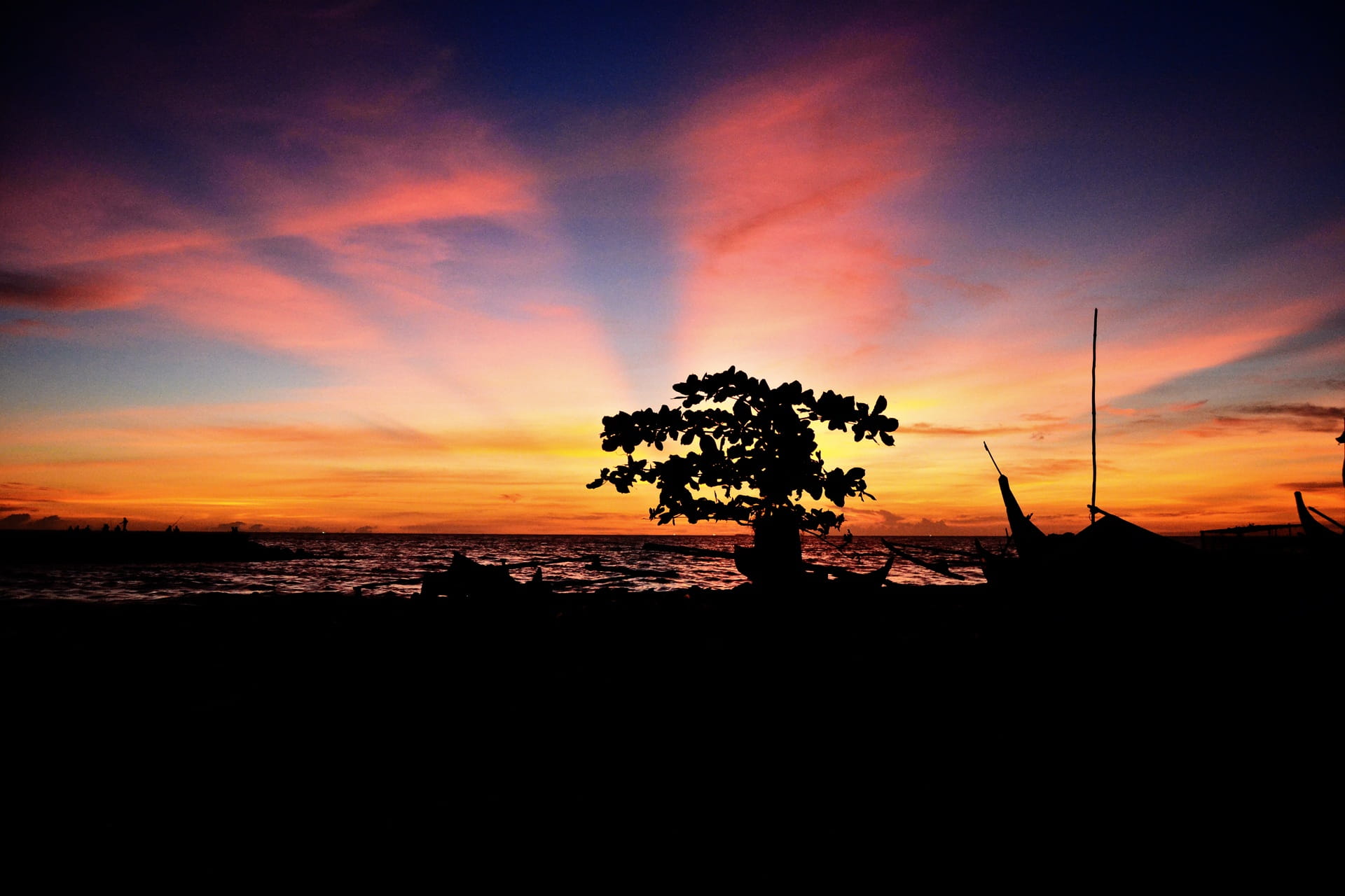 tree, 1080P, sky, sunlight, natural, water, tranquility, dark, no people, Sunset, outdoors, dusk, Indonesia, land, dramatic sky, tranquil scene, idyllic, HD Wallpaper