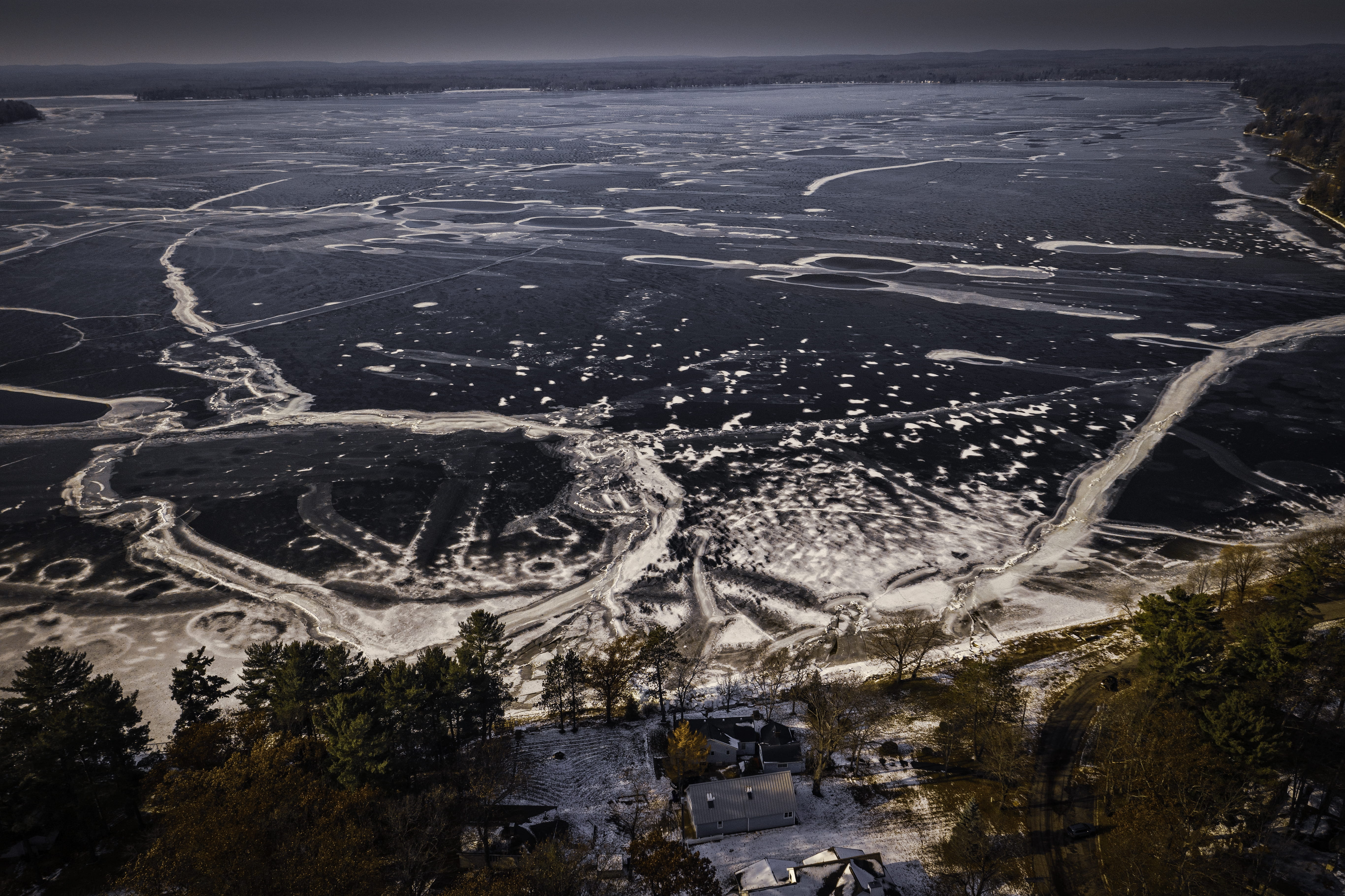 land, volcano, frozen lake, aerial, power in nature, 5K, tranquility, no people, dennis buchner, body, beauty in nature, view, water, grey, crater, aerial view, HD Wallpaper