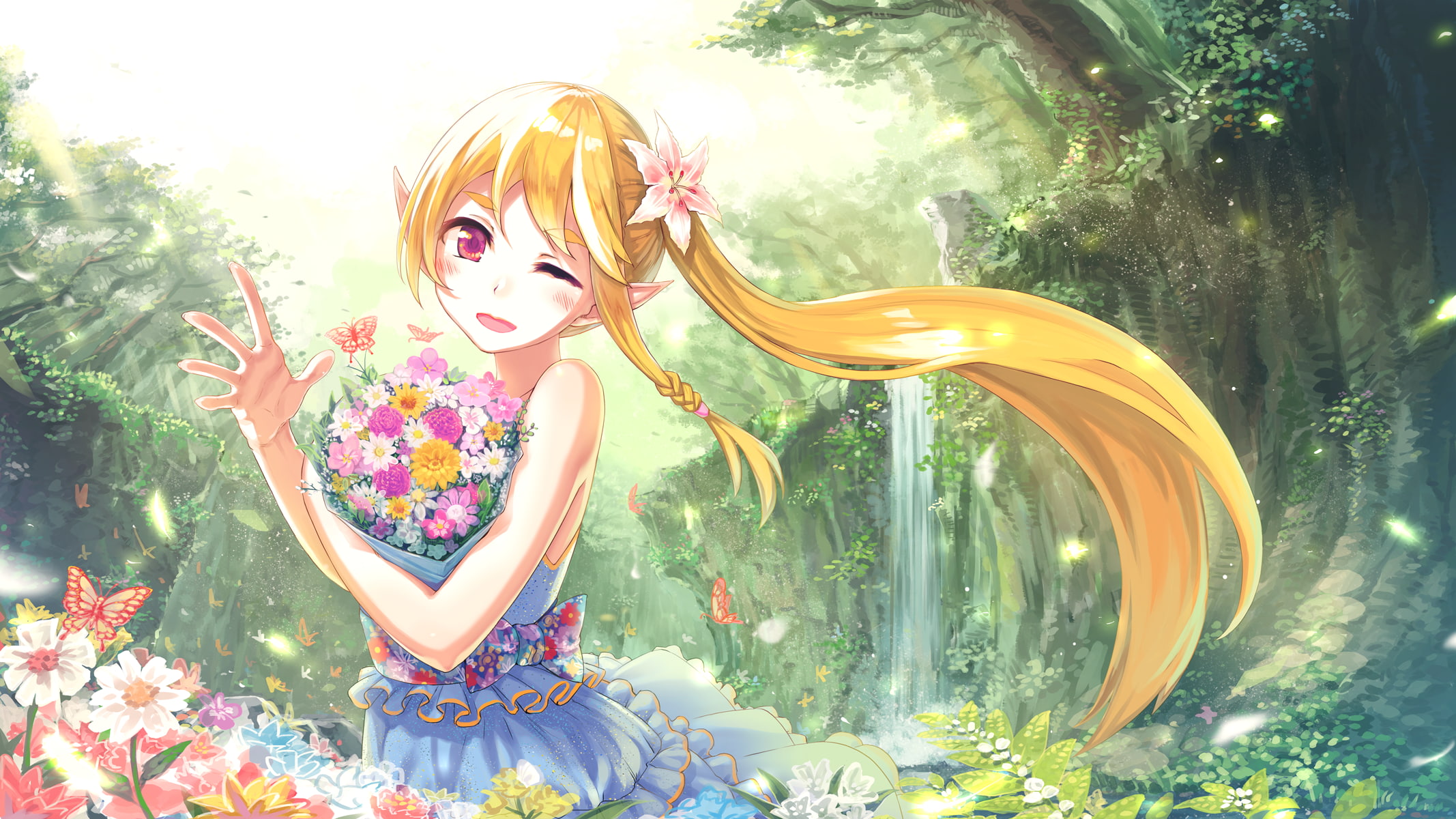 elves, long hair, 1080P, anime, red eyes, flowers, anime girls, forest, blonde, HD Wallpaper