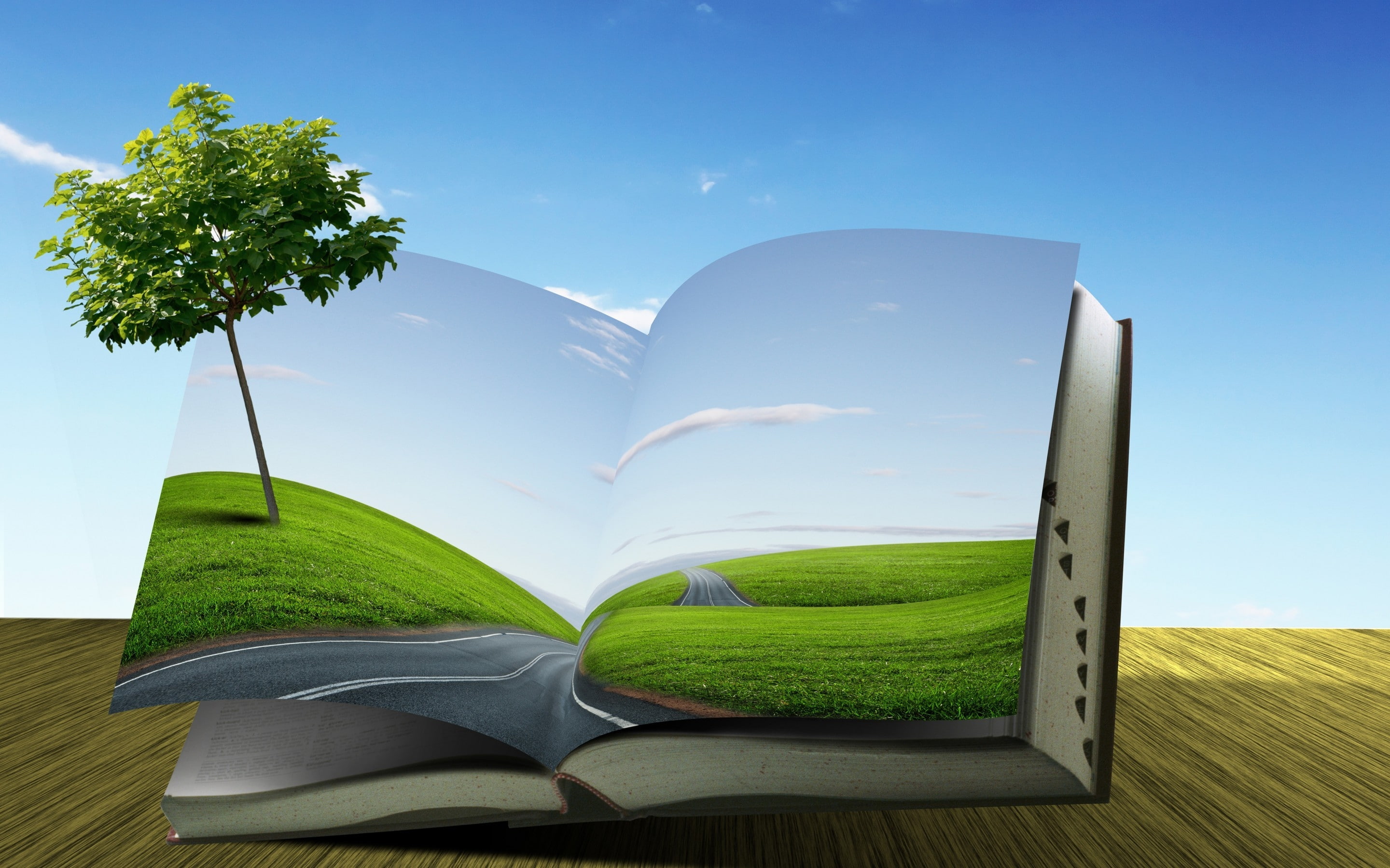 2K, world book, green tree, book, fantasy, HD Wallpaper