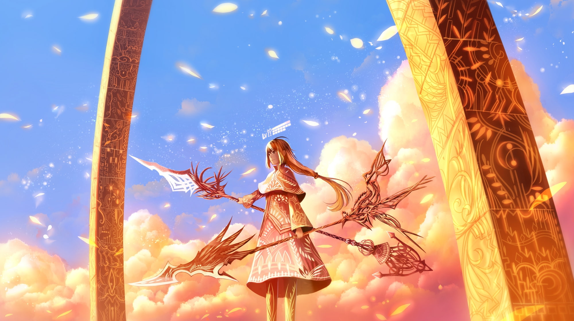 clothing, long hair, plant, nature, human arm, hairstyle, clouds, outdoors, low angle view, young adult, decoration, rpg game, celebration, beautiful woman, HD Wallpaper