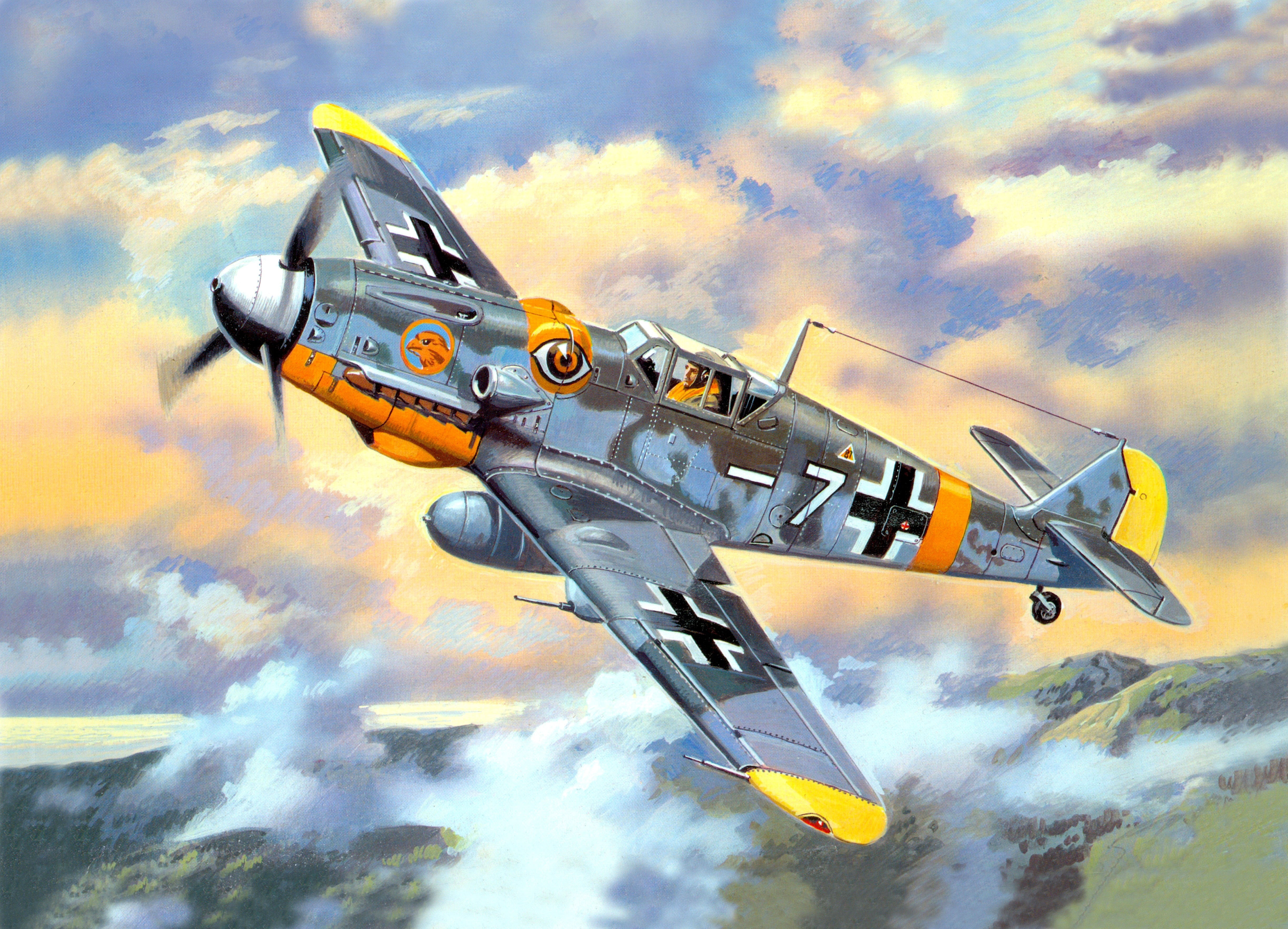plane, army, side view, military, fighter, motion, no people, flying, grey, German, aerospace industry, Bf - 109G - 6, nature, art, cloud - sky, illustration, HD Wallpaper
