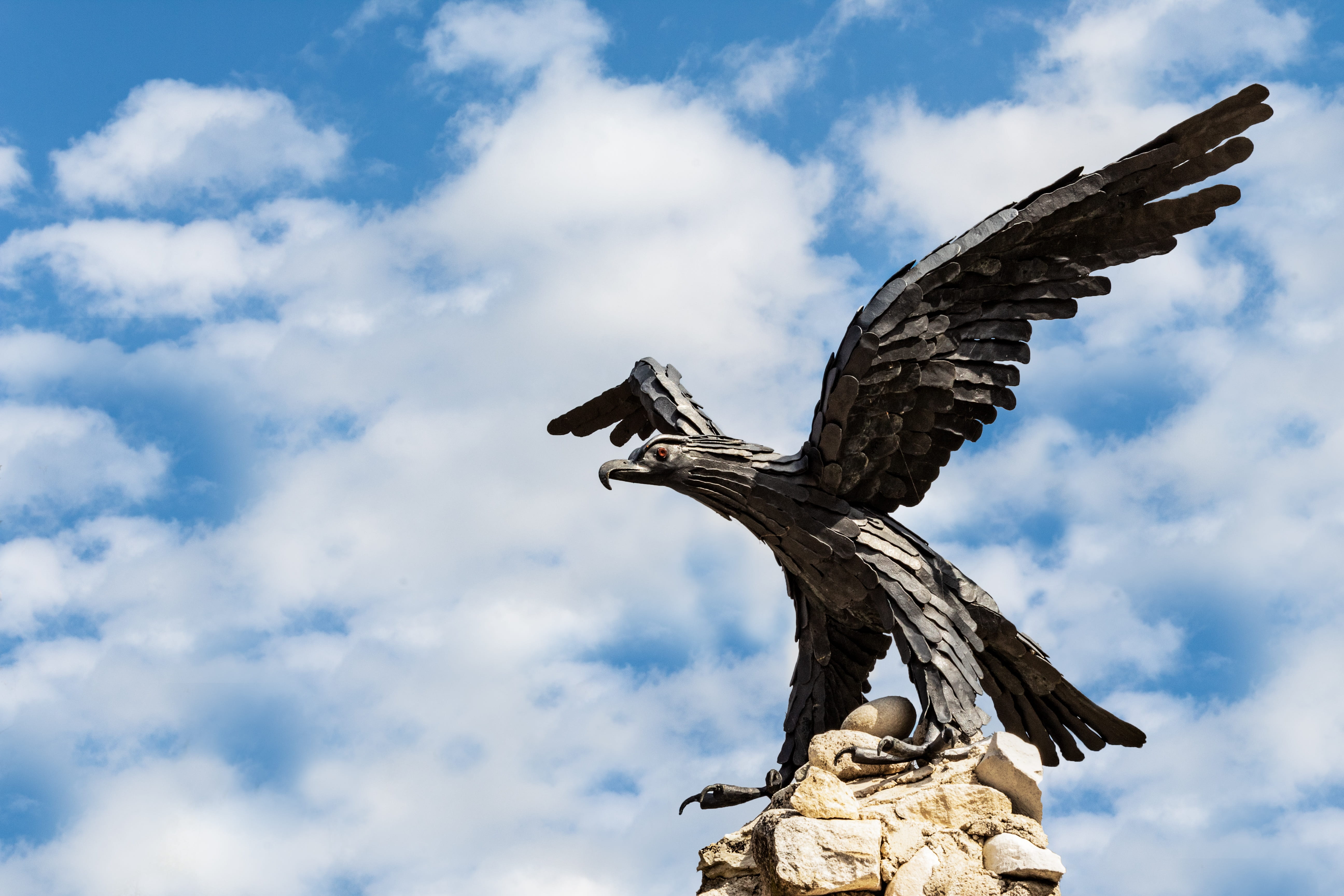 nature, bronze, no people, historian, eagle, fly, statue, metal, dom, symbol, clouds, flying, cloud - sky, 5K, majestic, art, animal wildlife, representation, HD Wallpaper