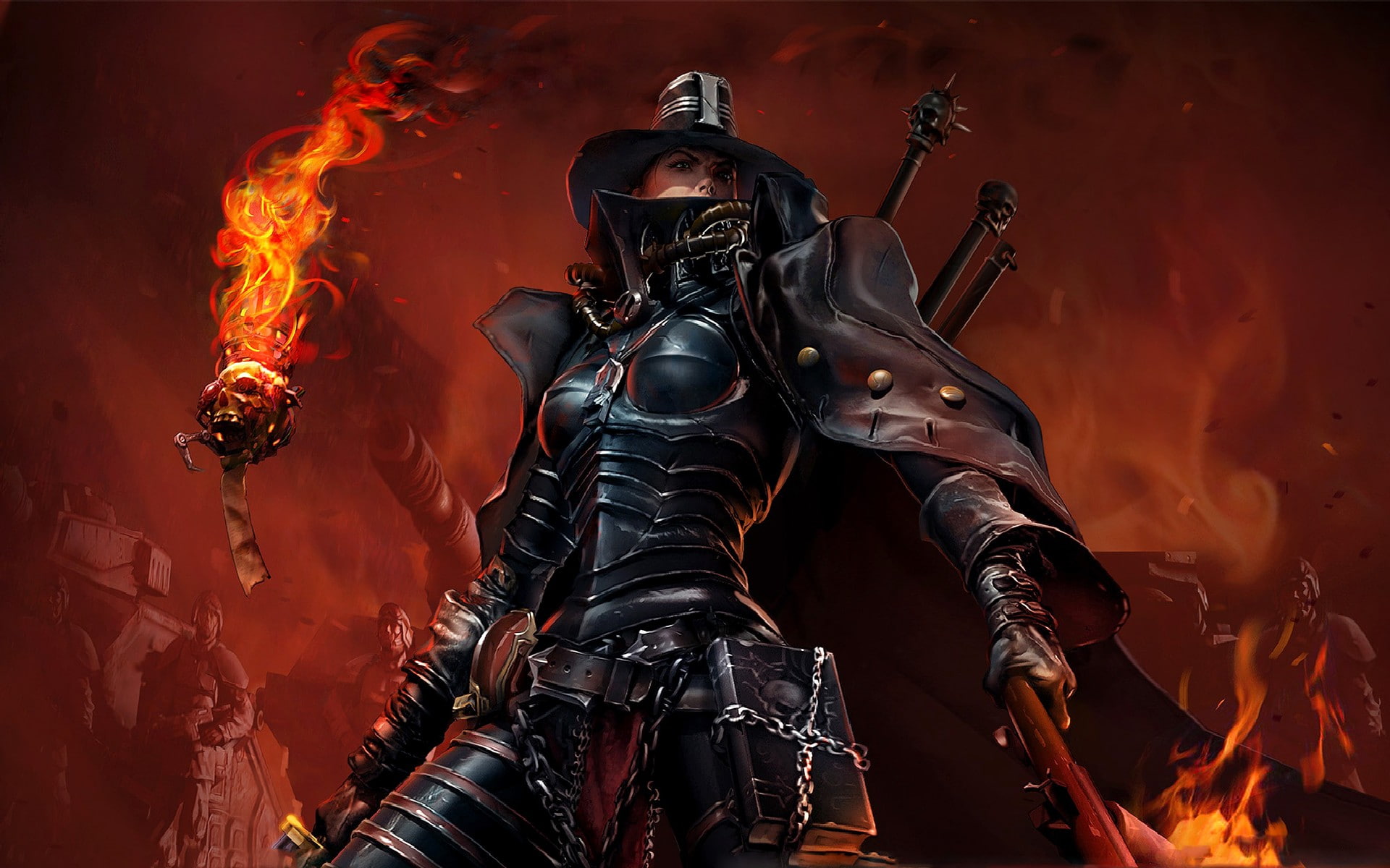 headwear, holding, warhammer 40 000 dawn of war 2, unrecognizable person, communication, rifle, 1080P, military, aggression, fire - natural phenomenon, HD Wallpaper