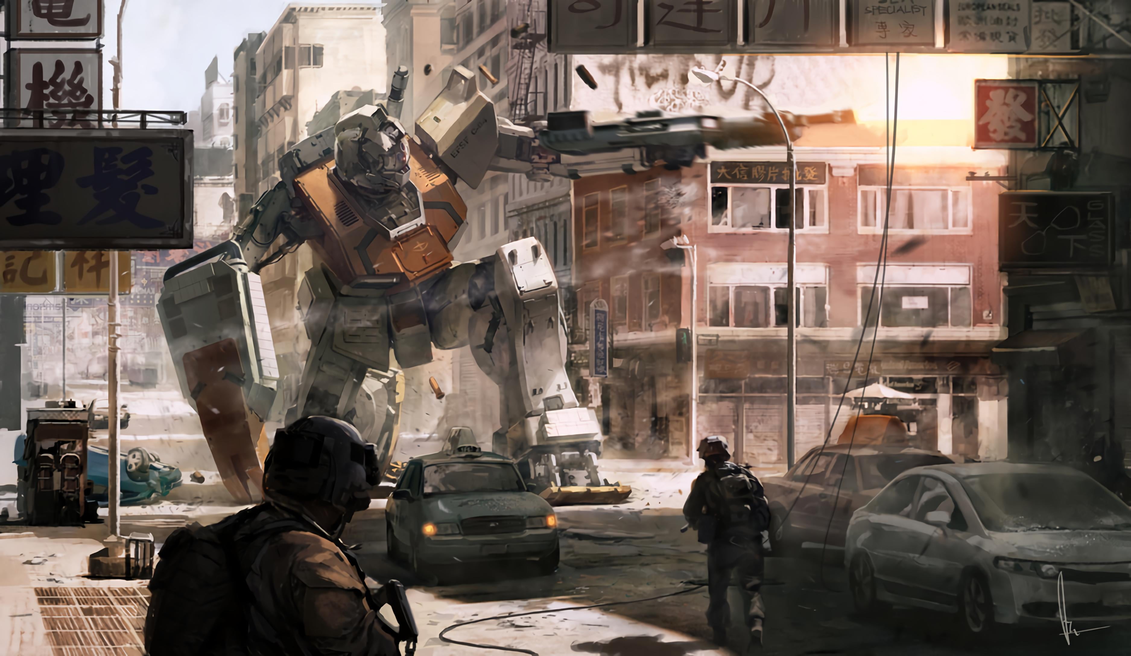 2K, mech, anime, city, Gundam, battle, futuristic, car, cityscape, HD Wallpaper