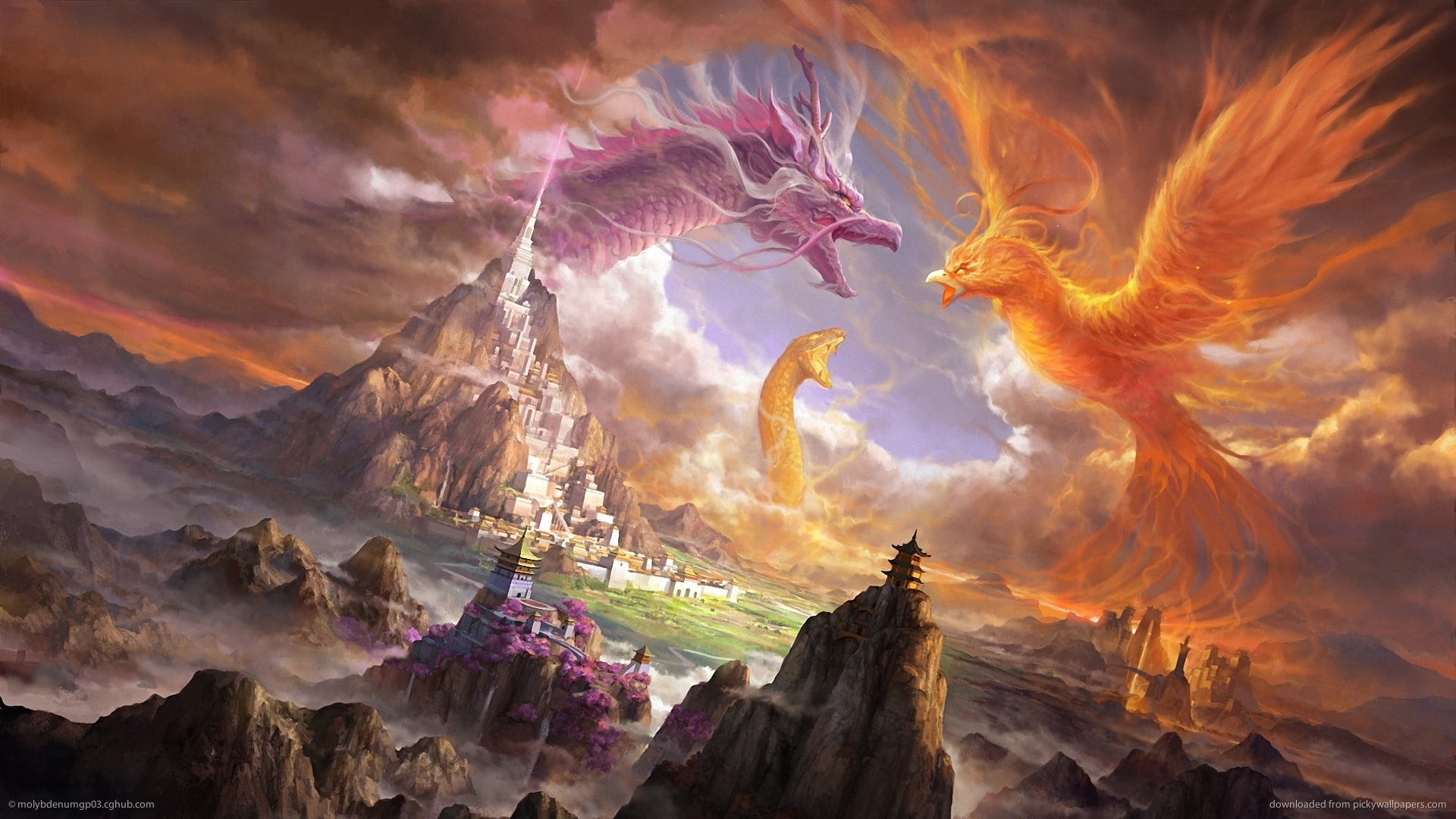 1080P, art, Asian, Oriental, battle, castle, landscapes, cities, monster, Sepent, dragon, fantasy, Pheonix, HD Wallpaper