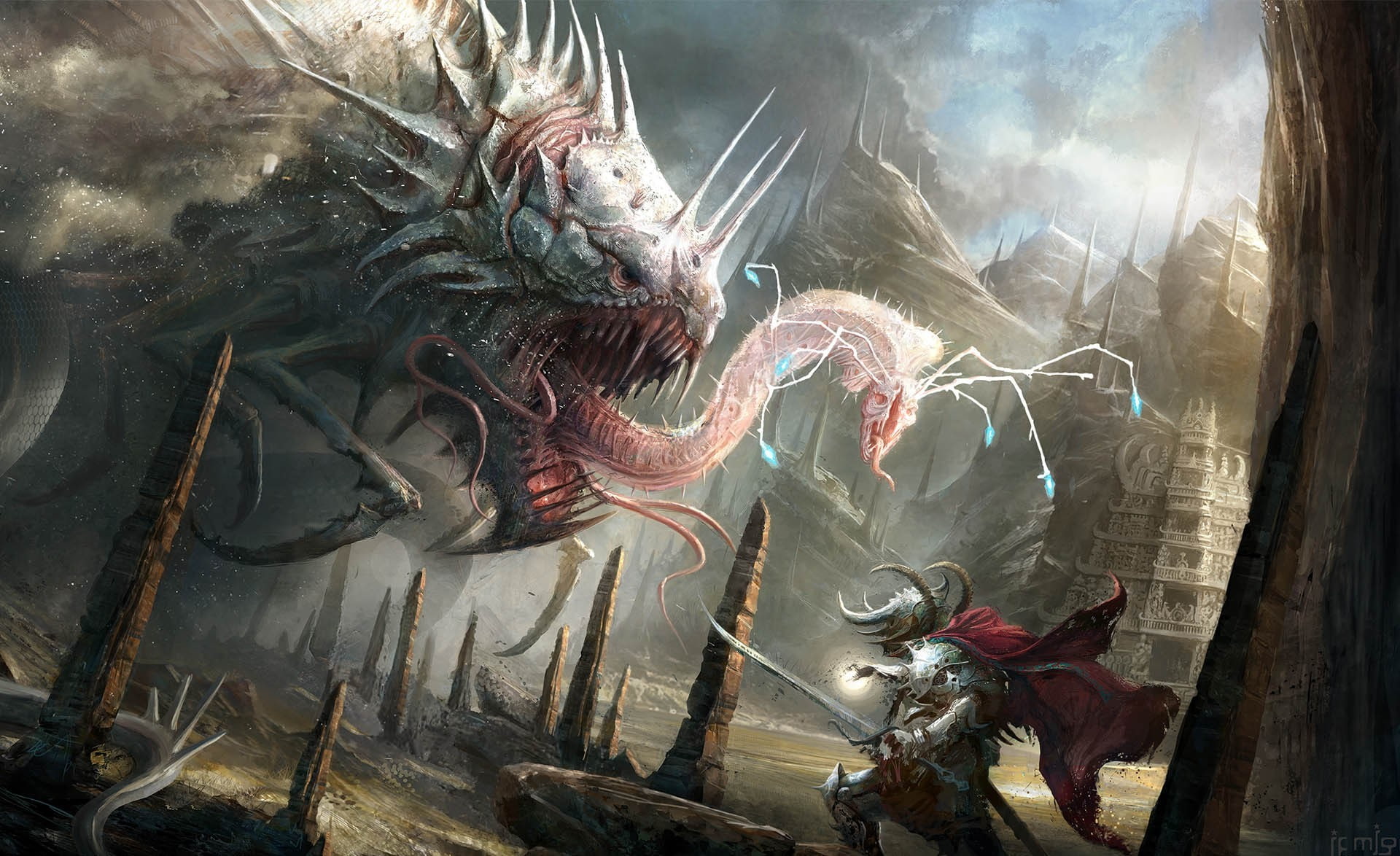 rocks, orange, Age of Conan, battle, 1080P, the city, illustration, warrior, Unchained, gray, monster, HD Wallpaper