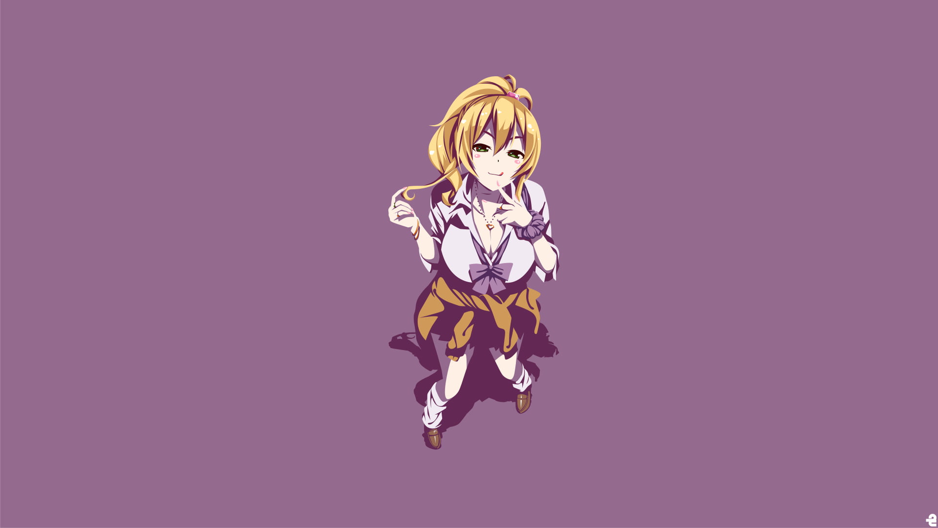 Anime, blond hair, mid-air, women, arms raised, jumping, colored background, full length, one person, adult, copy space, hairstyle, studio shot, 1080P, HD Wallpaper