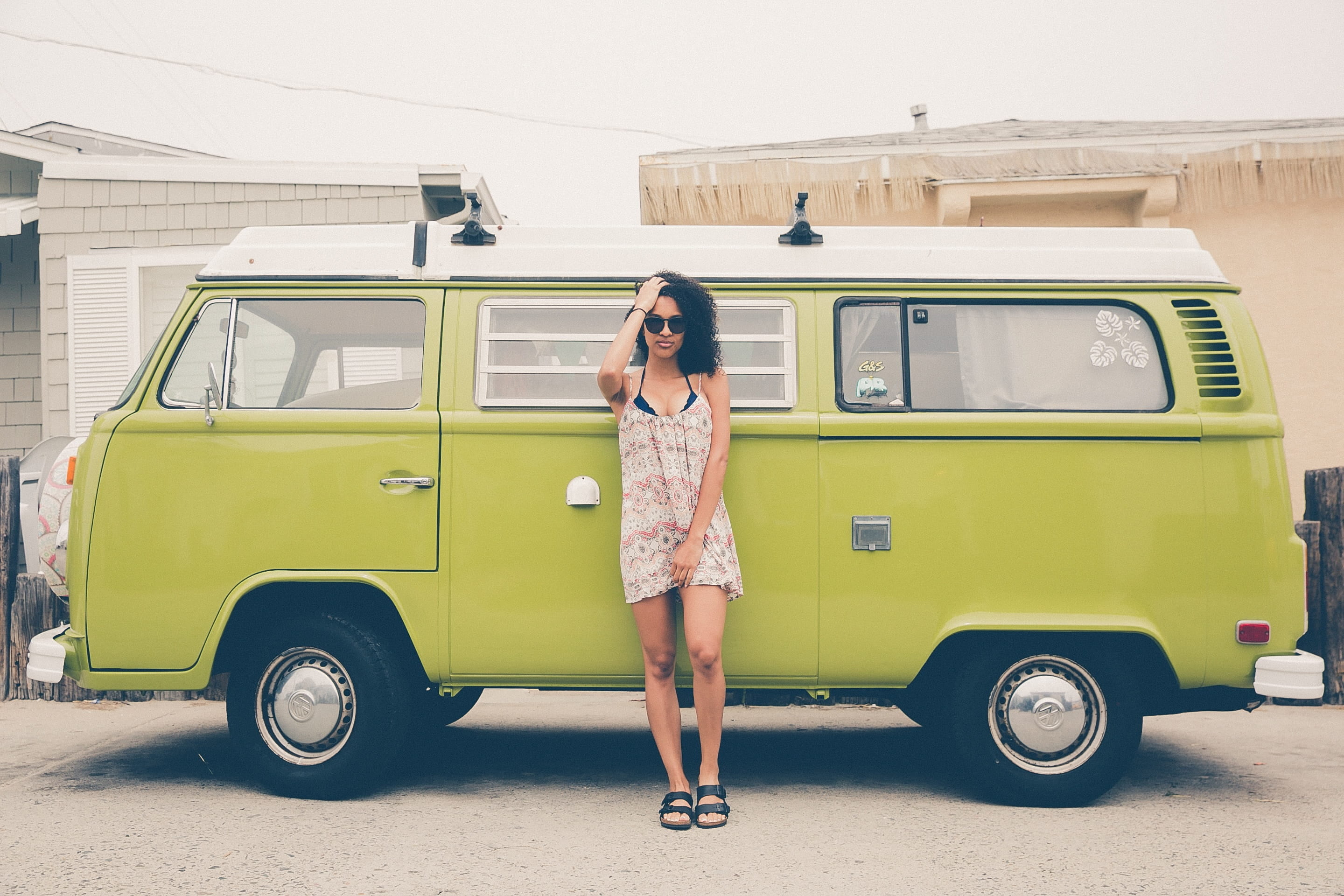 portrait, outdoors, model, clothing, adults only, young women, full length, classic, vehicle, city, young adult, only women, leaning, van, fashion, volkswagen, HD Wallpaper