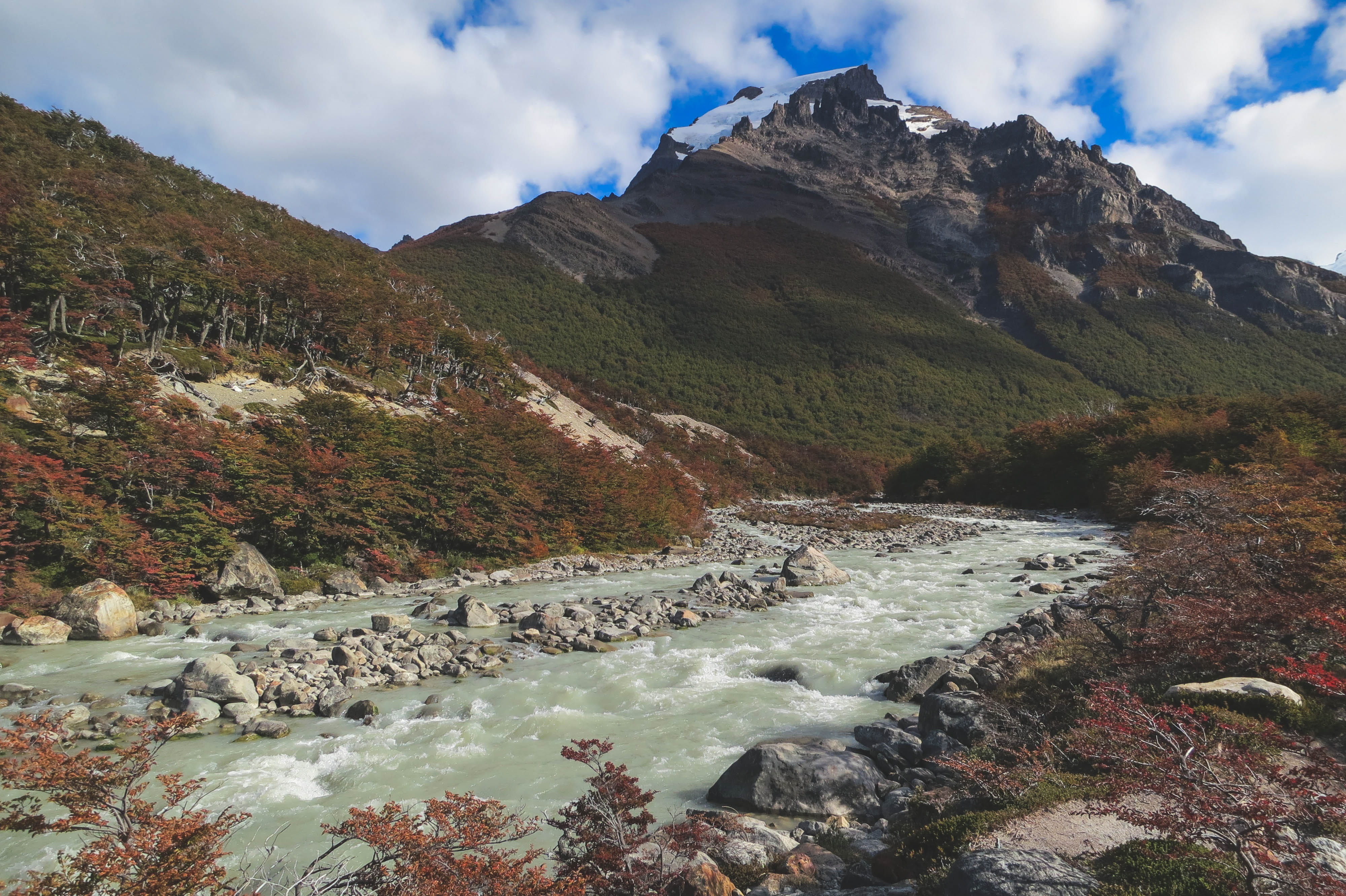 beauty in nature, outdoors, sky, stream, rock - object, stream - flowing water, valleys, rock, river, day, mountains, 4K, rocks, el calafate, nature, tranquility, HD Wallpaper