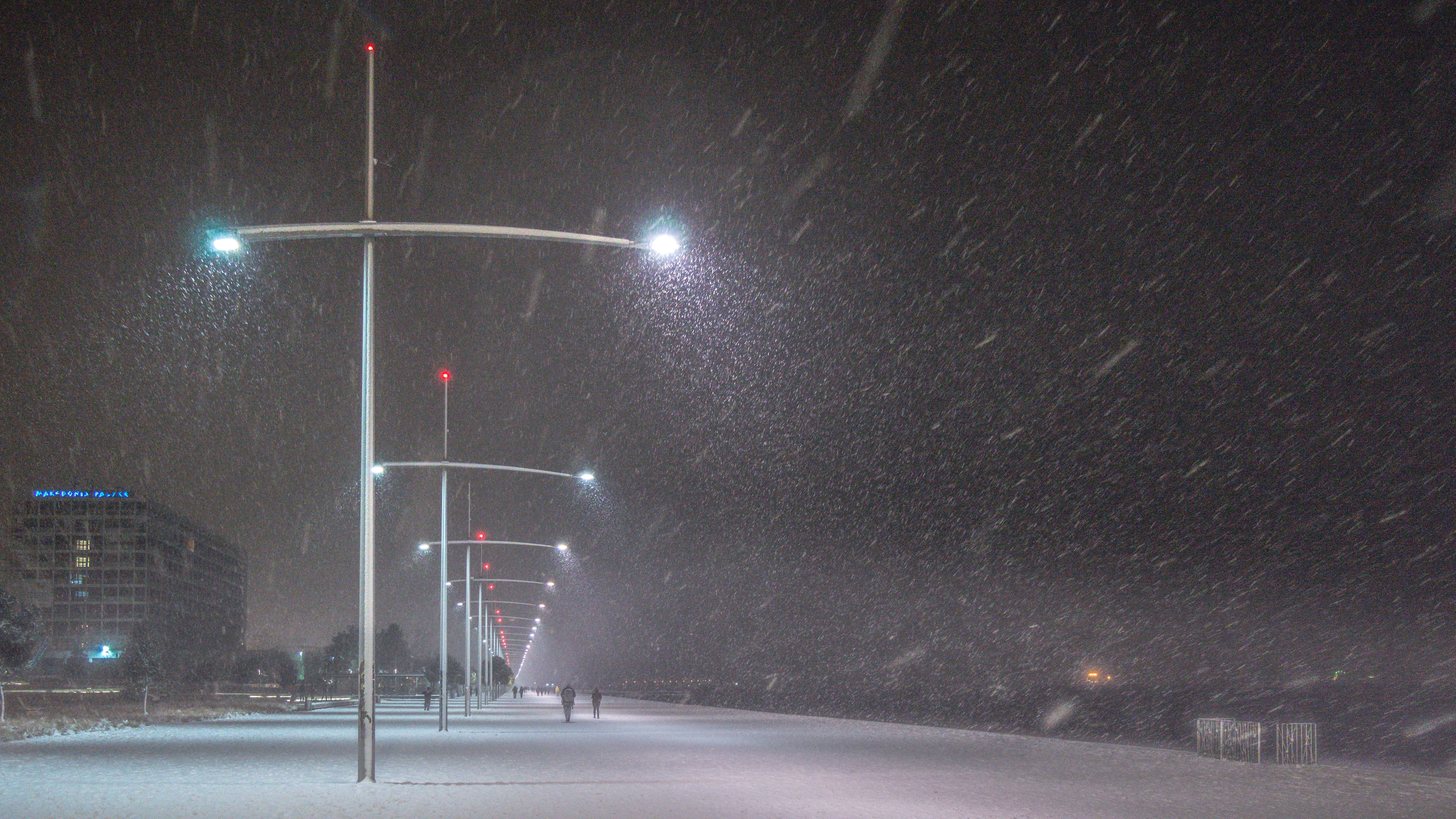 5K, greece, thessaloniki, street, θεσσαλονίκη, architecture, cold temperature, motion, snowstorm, snow, hellas, snowing, paralia, sky, center, παραλία, HD Wallpaper