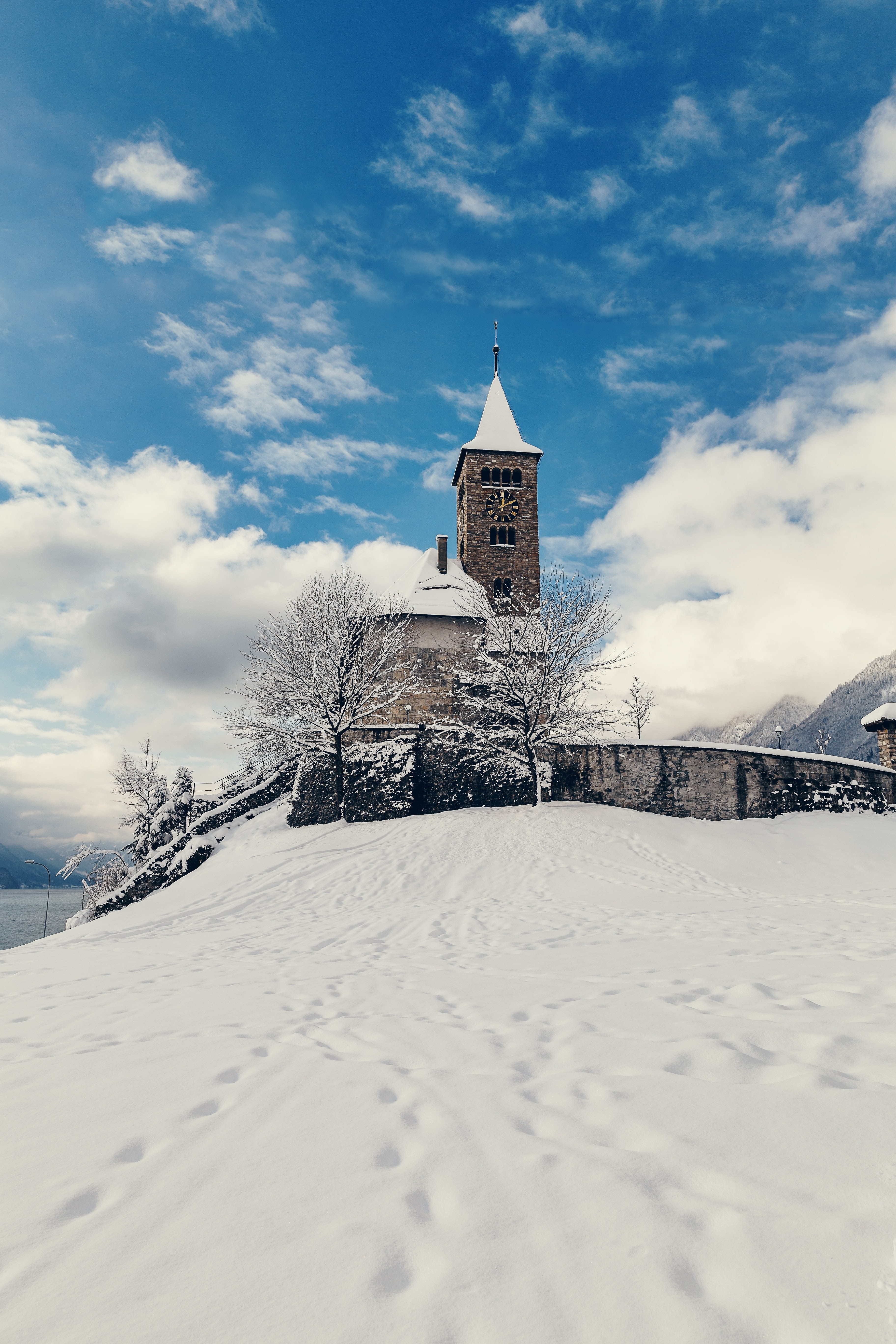 brienz, switzerland, religion, architecture, cloud - sky, 5K, tree, built structure, place of worship, building exterior, spirituality, no people, blue, Phone HD Wallpaper