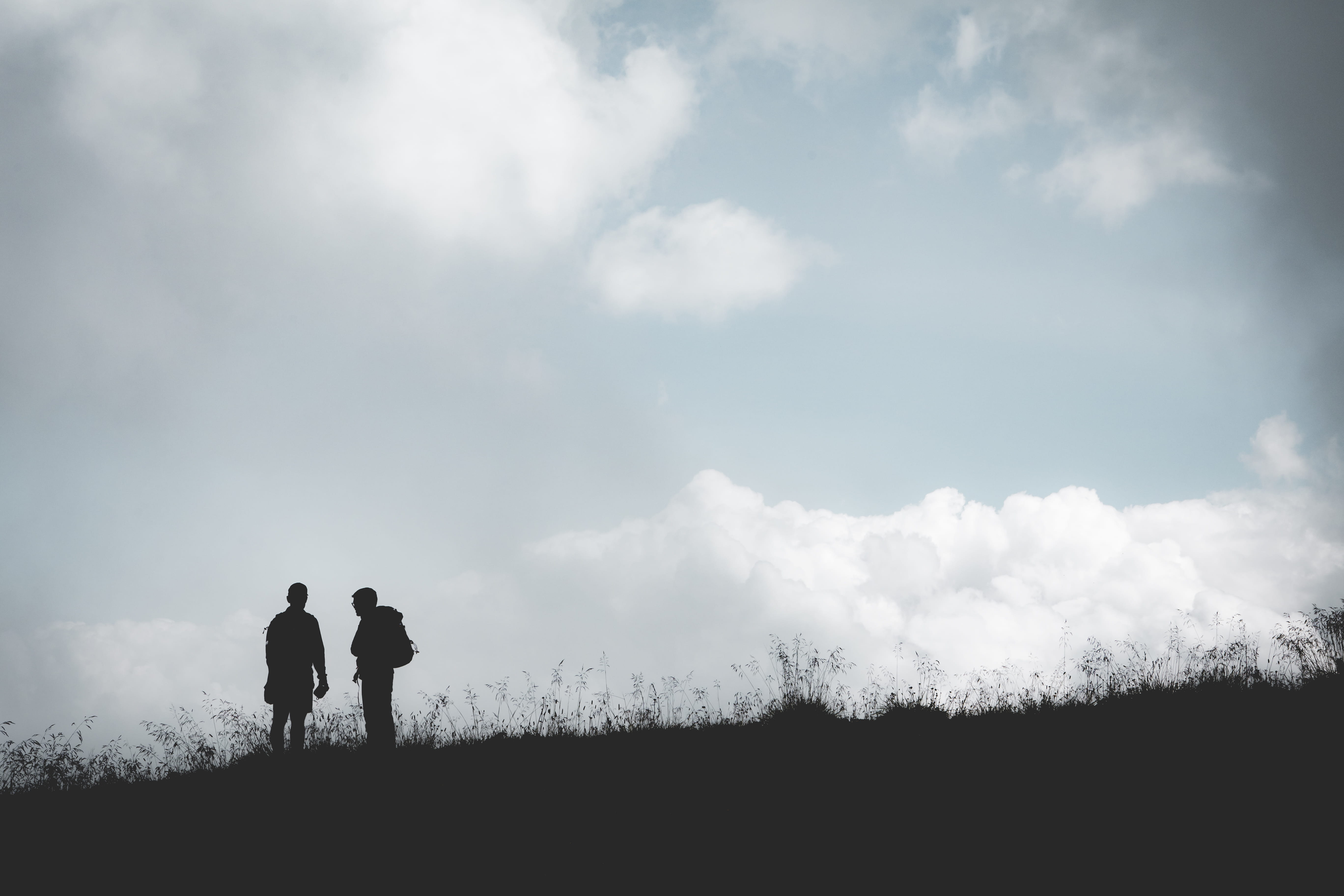 lifestyles, silhouette, people, beauty in nature, men, togetherness, scenics - nature, rear view, leisure activity, cloudy, two people, standing, day, hill, HD Wallpaper
