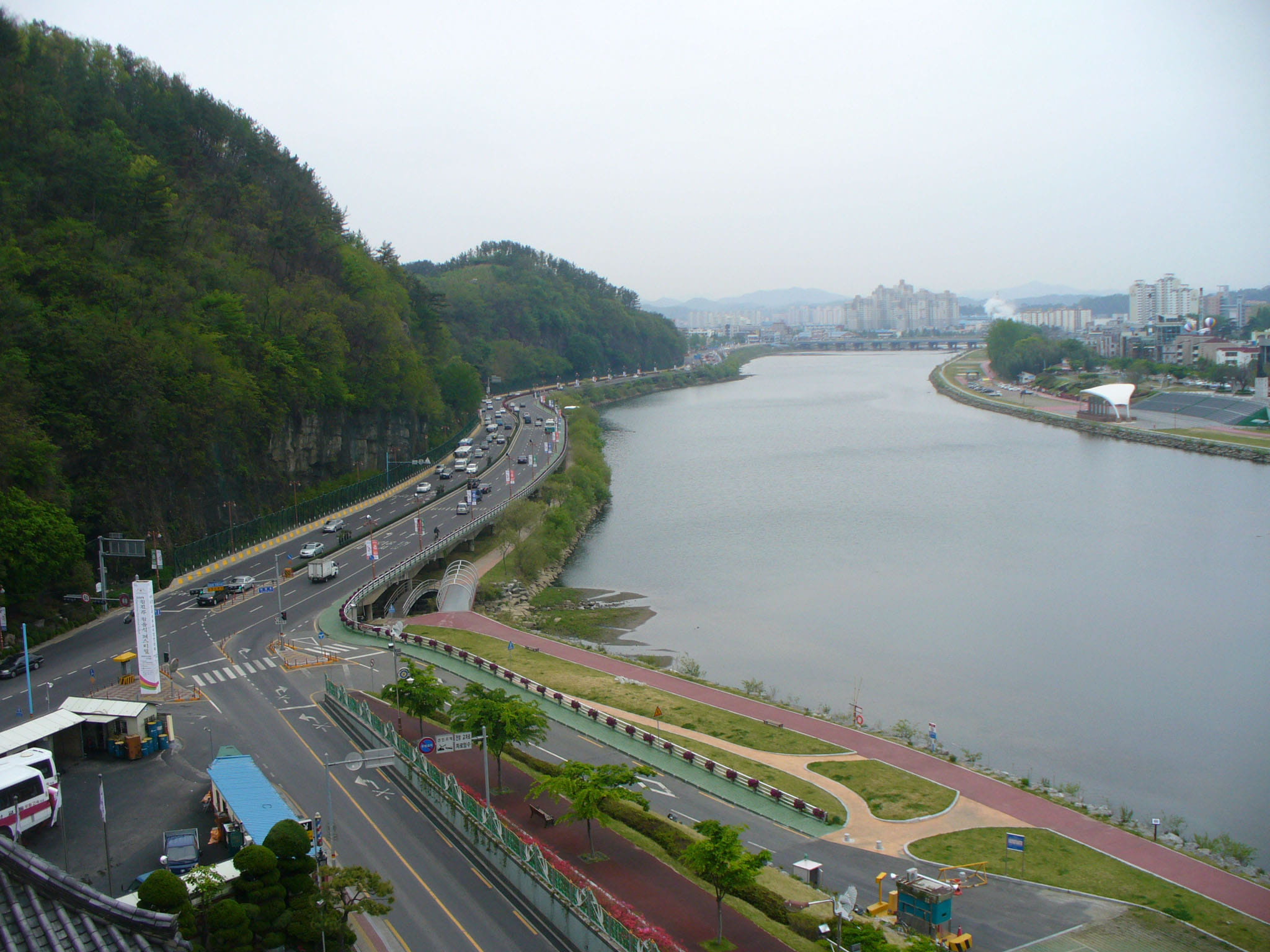 Nam River, no people, mode of transportation, car, high angle view, korea, traffic, waterway, connection, cityscape, landscape, highway, photos, aerial View, HD Wallpaper