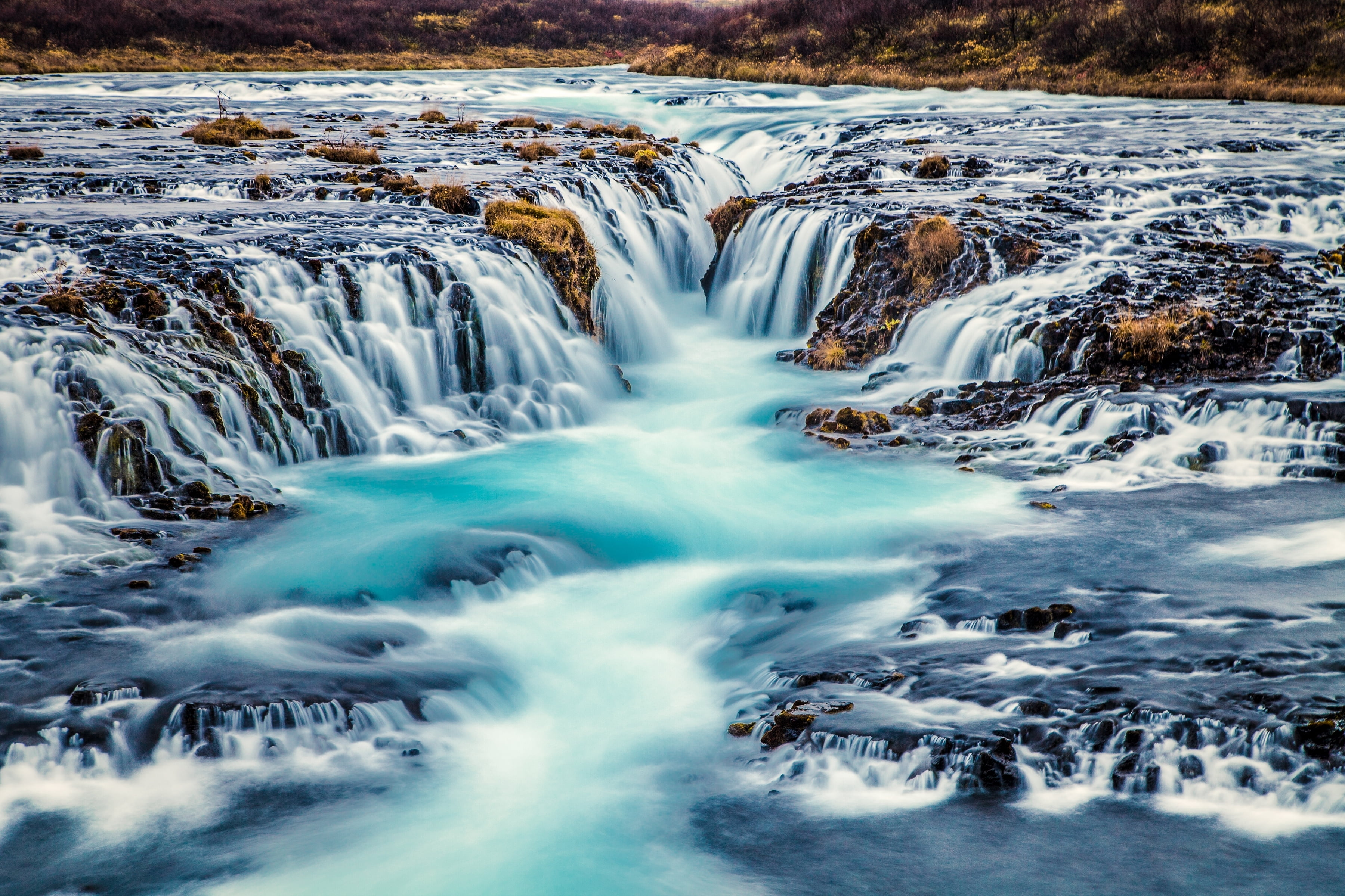 beauty in nature, blurred motion, river, rock, cold temperature, power in nature, outdoors, Bruarfoss, scenics - nature, nature, environment, land, flowing, HD Wallpaper