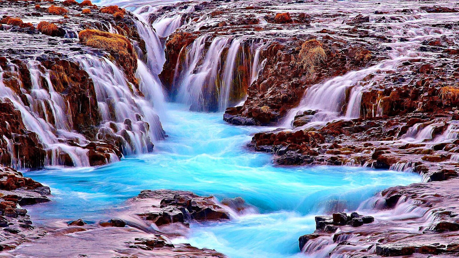 brekkuskogur, rock formation, environment, flowing water, outdoors, travel destinations, flowing, bruarfoss waterfall, power, beauty in nature, land, 1080P, HD Wallpaper