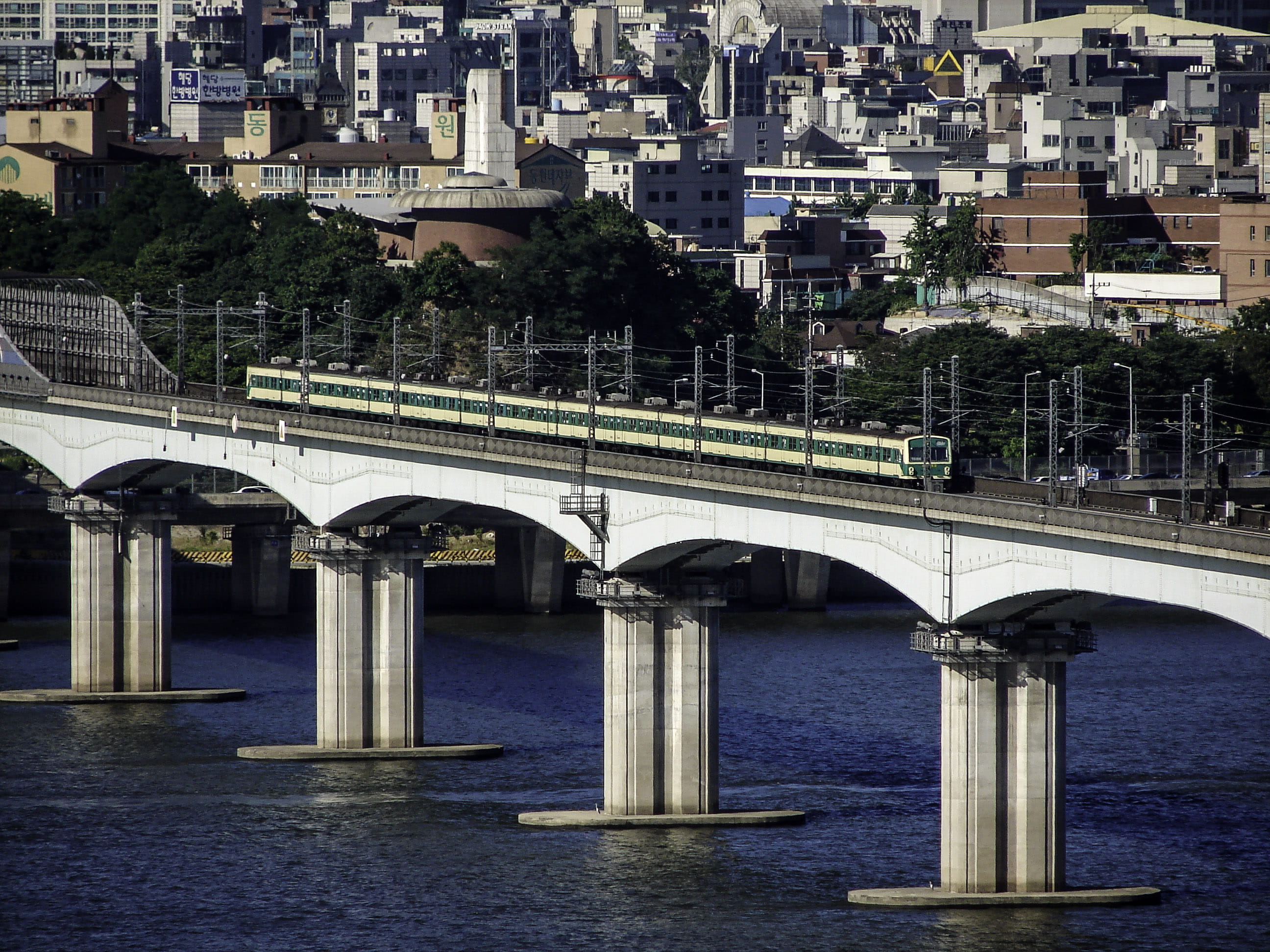 river, south, day, waterfront, city, water, connection, Dangsan Railway Bridge, architecture, cityscape, South Korea, outdoors, transportation, nature, HD Wallpaper