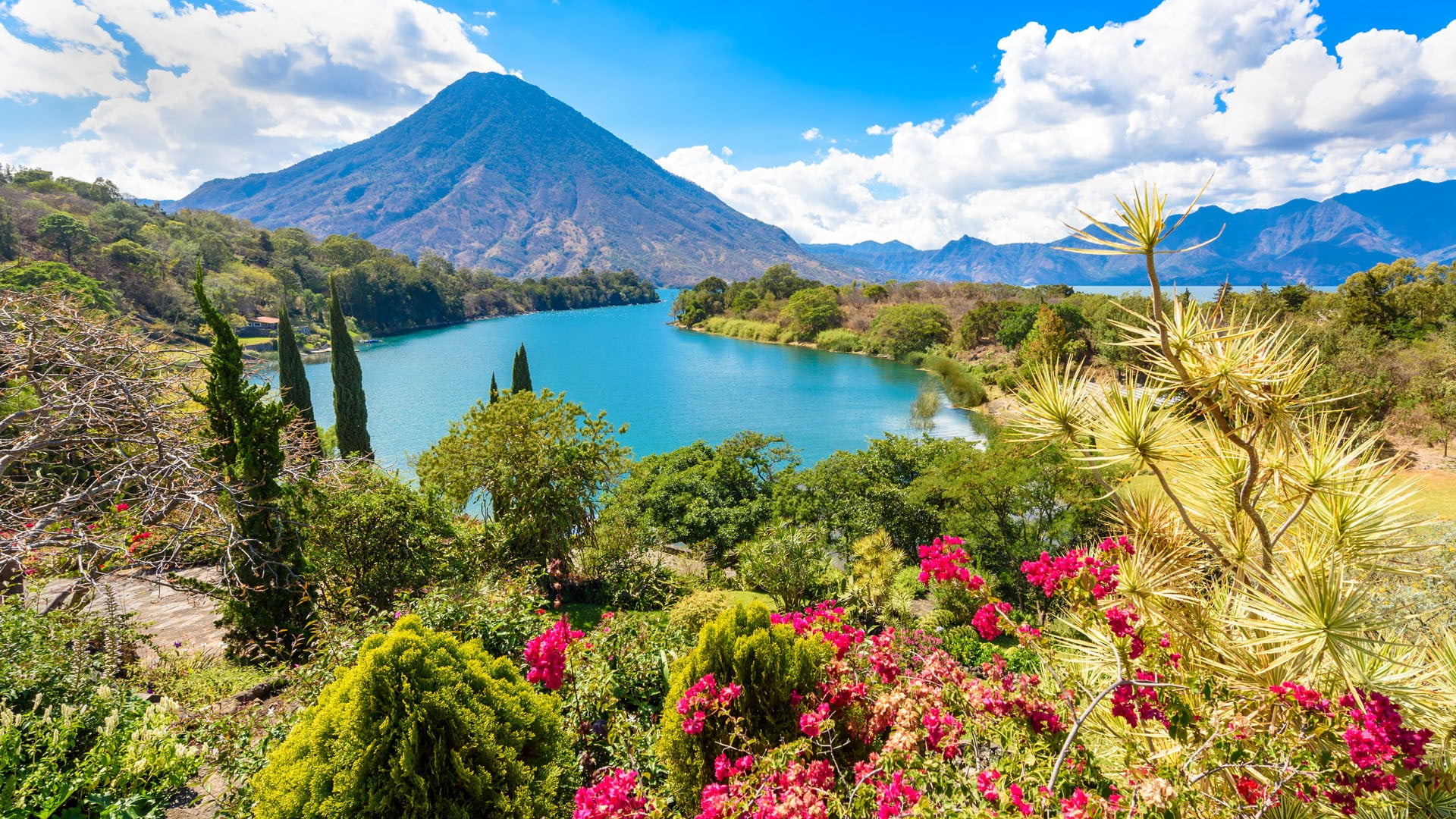 landscape, plants, nature, flowers, Guatemala, mountains, clouds, lake, 1080P, sky, trees, HD Wallpaper