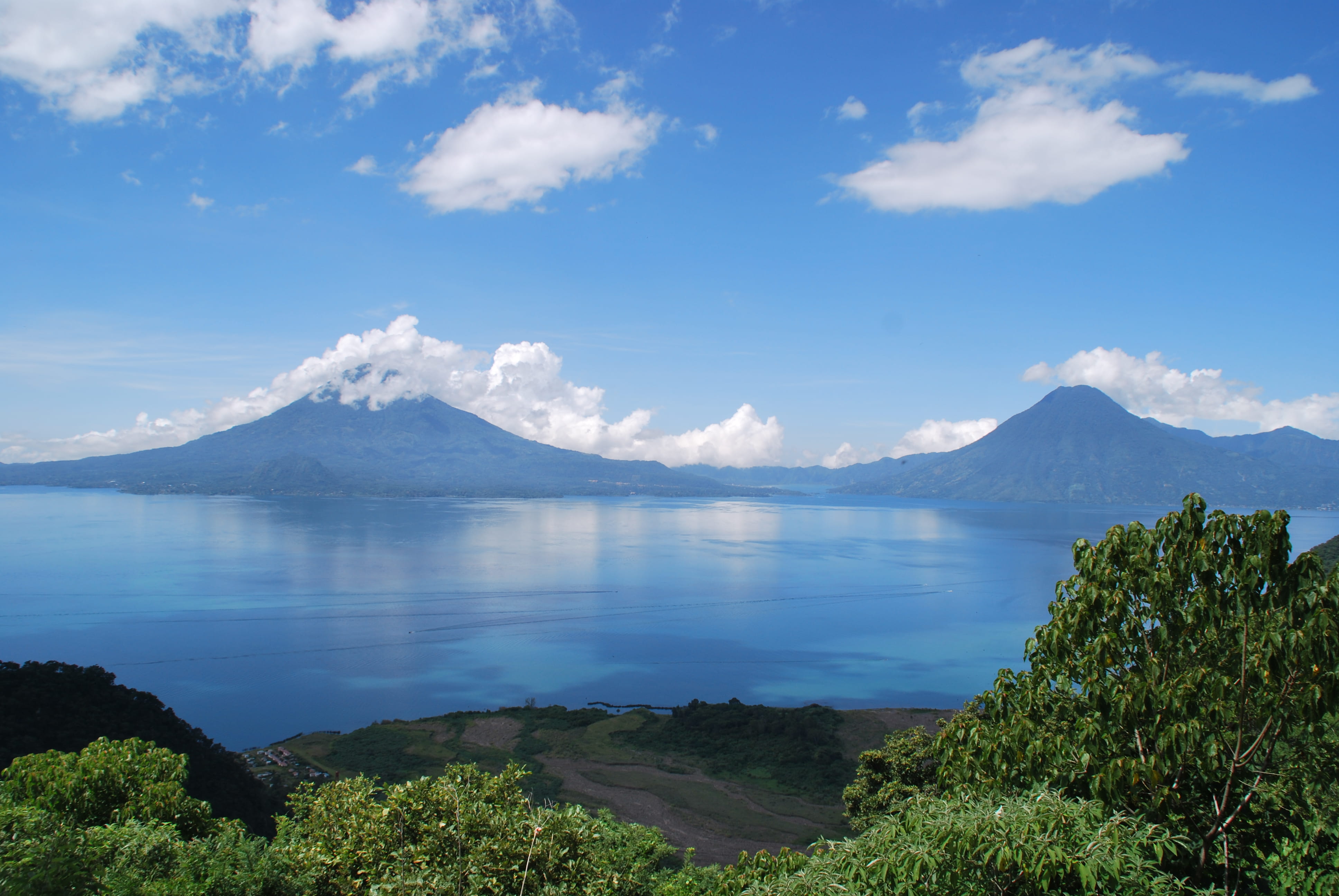 cloud - sky, beauty in nature, water, mountain peak, scenics - nature, tranquil scene, no people, mountain range, sky, volcano, guatemala, blue, landscape, HD Wallpaper