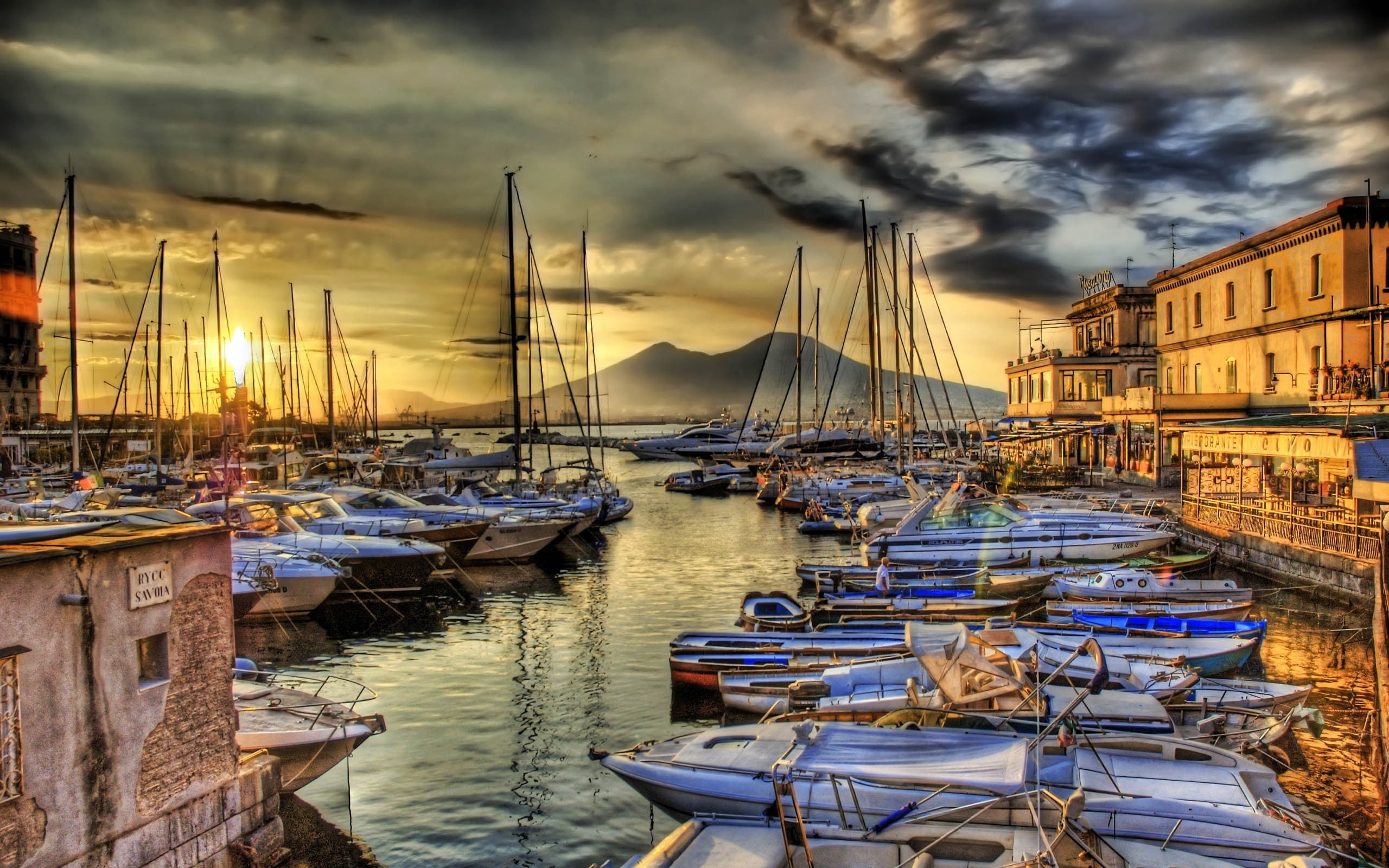 sky, nature, outdoors, built structure, port, sailboat, 2K, harbor, Pier, Hdr, mast, sunset, transportation, Naples, moored, no people, building exterior, HD Wallpaper