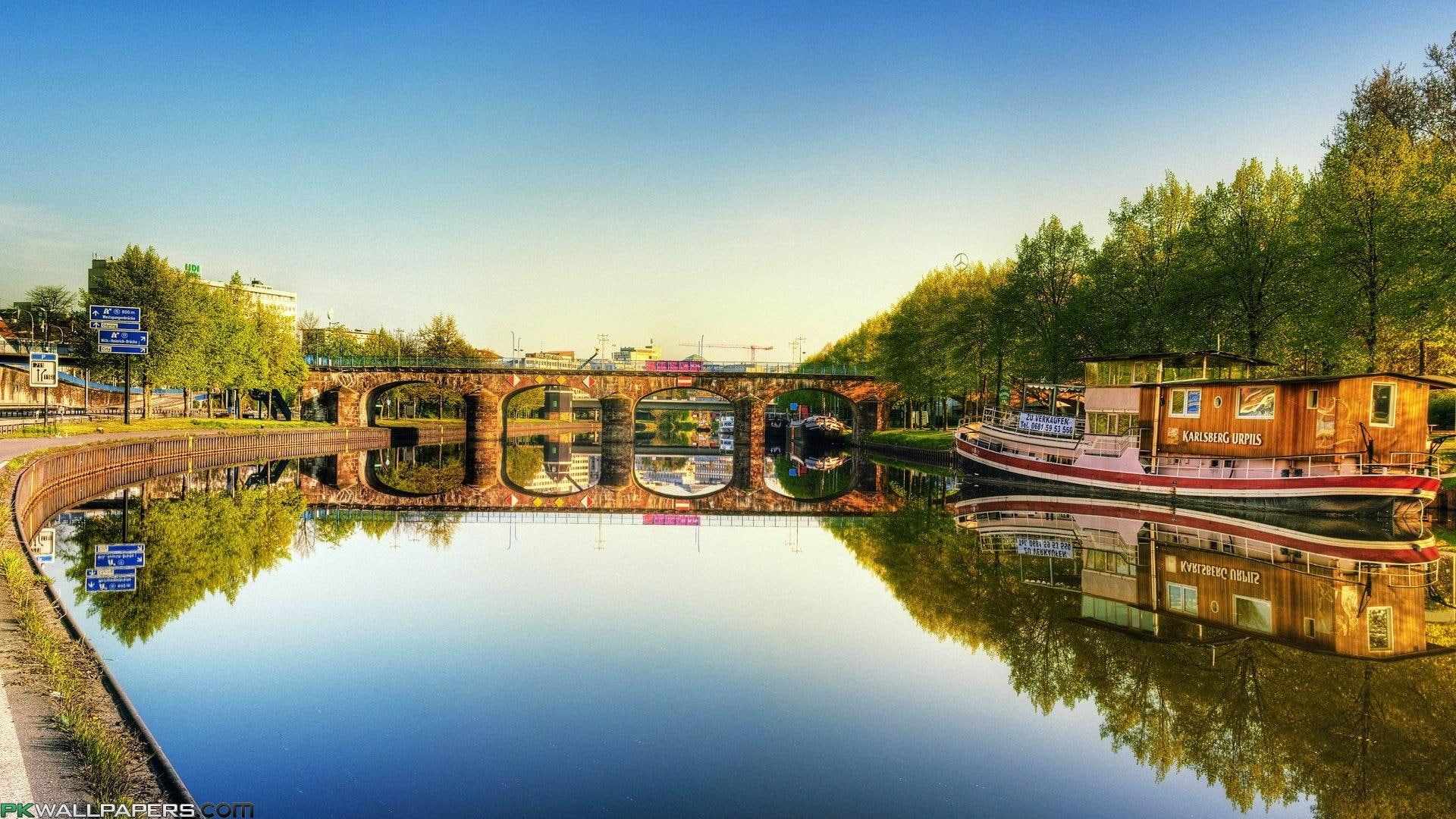 bridge, 1080P, river, town, nature and landscapes, germany, house boat, saarbrucken, HD Wallpaper
