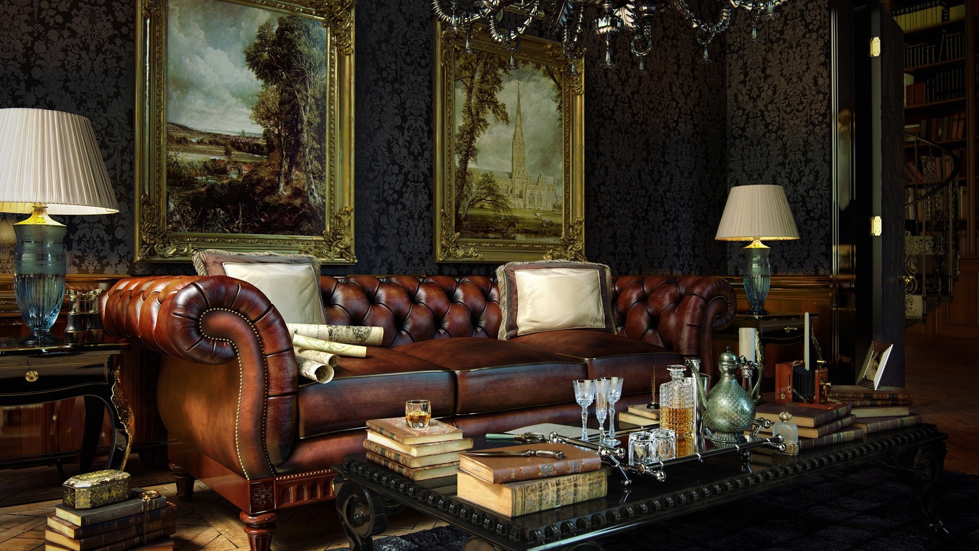 couch, books, antique, art, bookshelf, decoration, old, design, 1080P, paintings, aircraft, hd, interior, HD Wallpaper