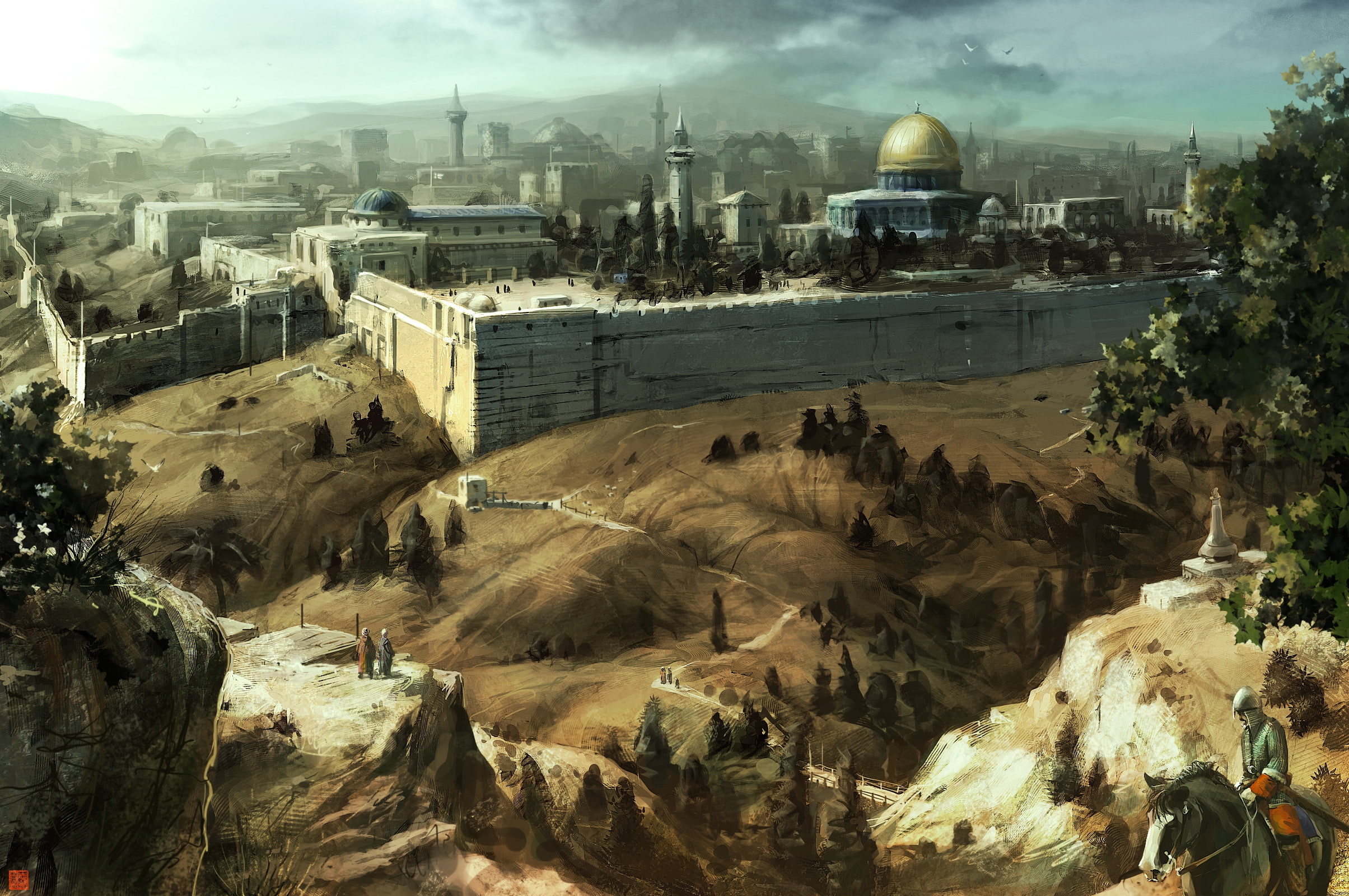 paintings, x, art, assassins, concepts, 1080P, aircraft, concept, creed, Landscapes, hd, HD Wallpaper