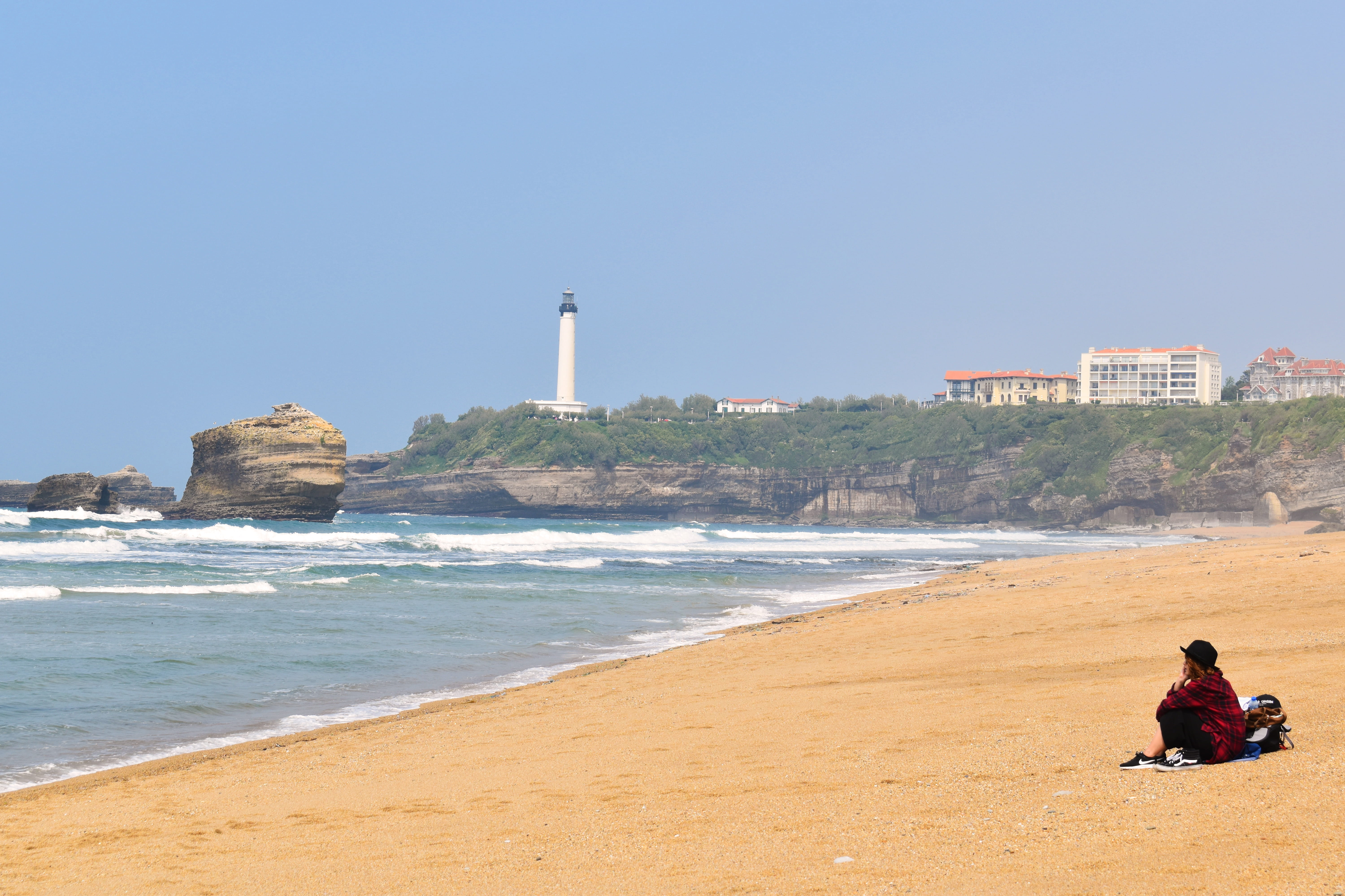 outdoors, sitting, water, france, sky, biarritz, day, clear sky, men, peace, real people, girl, architecture, lighthouse, land, 5K, people, tower, nature, HD Wallpaper