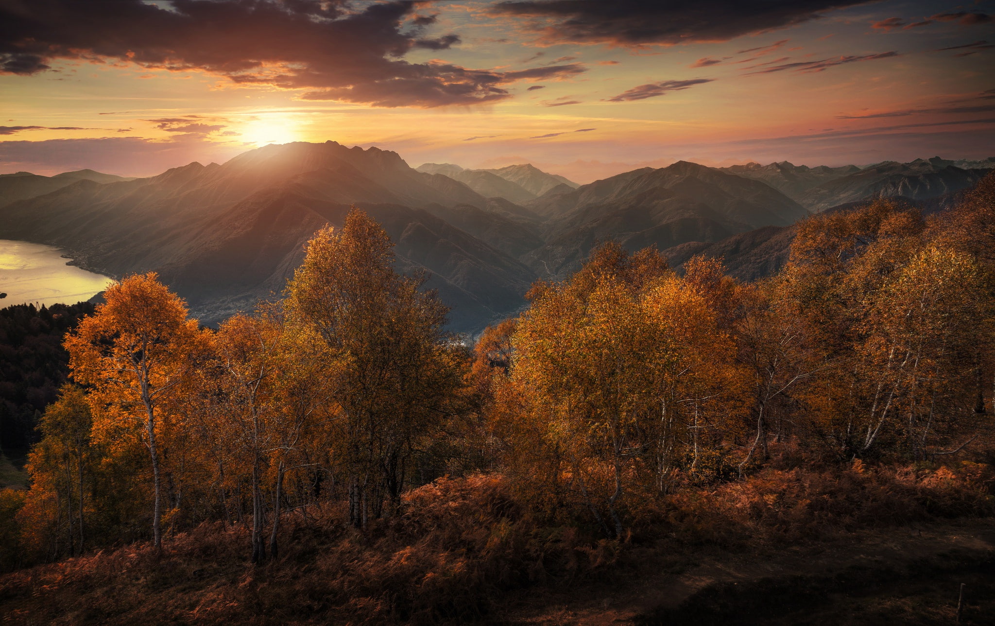Canton of Ticino, lake, Lake Maggiore, Ticino, 1080P, autumn, Switzerland, trees, Alps, mountains, sunset, HD Wallpaper